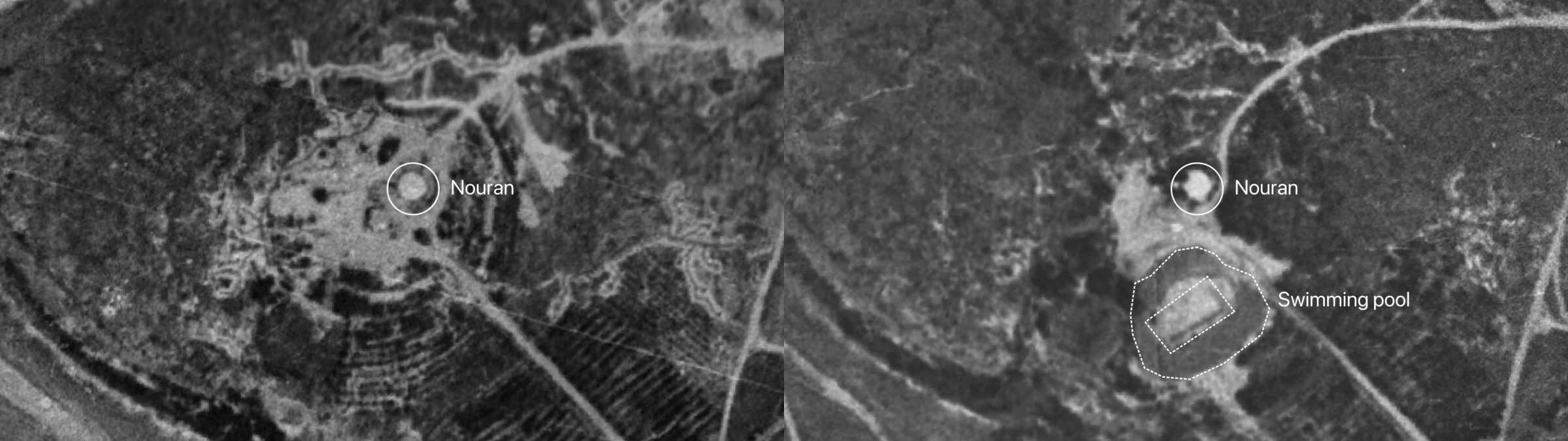  - Before and after analysis of aerial imagery from 1956 and 1961 shows excavations for the construction of a swimming pool near Nouran, disturbing the sacred land. External image source: The Hebrew University of Jerusalem (Forensic Architecture, 2025)