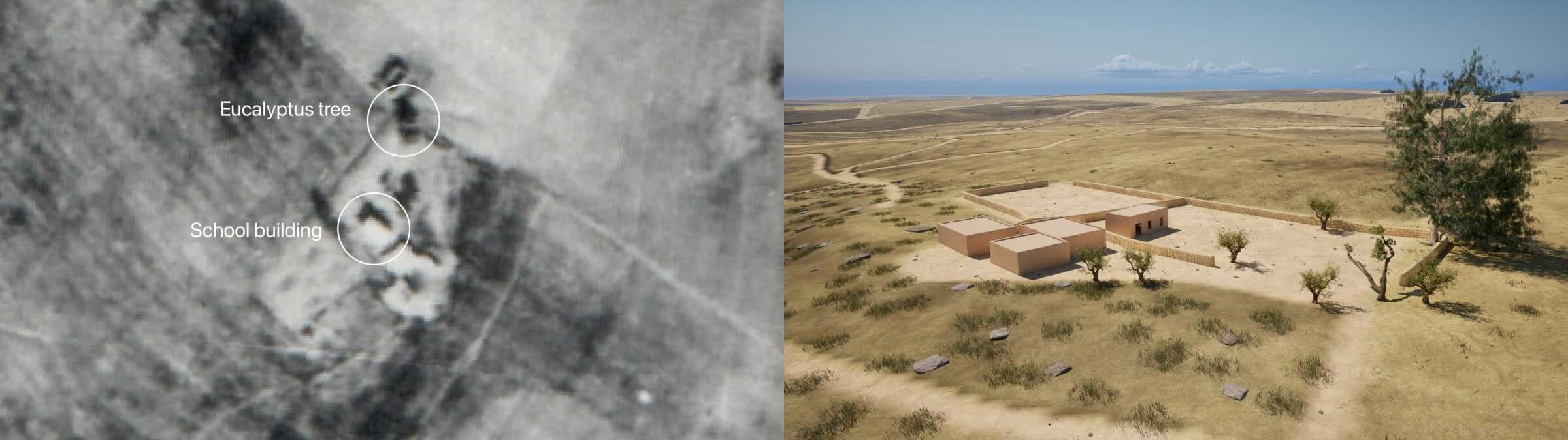  - The school building, with a large eucalyptus tree to one side and a weather station in the centre. Left: Royal Air Force (RAF) aerial survey image, 1945. Courtesy of Palestine Land Society. Right: FA's digital reconstruction. (Forensic Architecture, 2025).