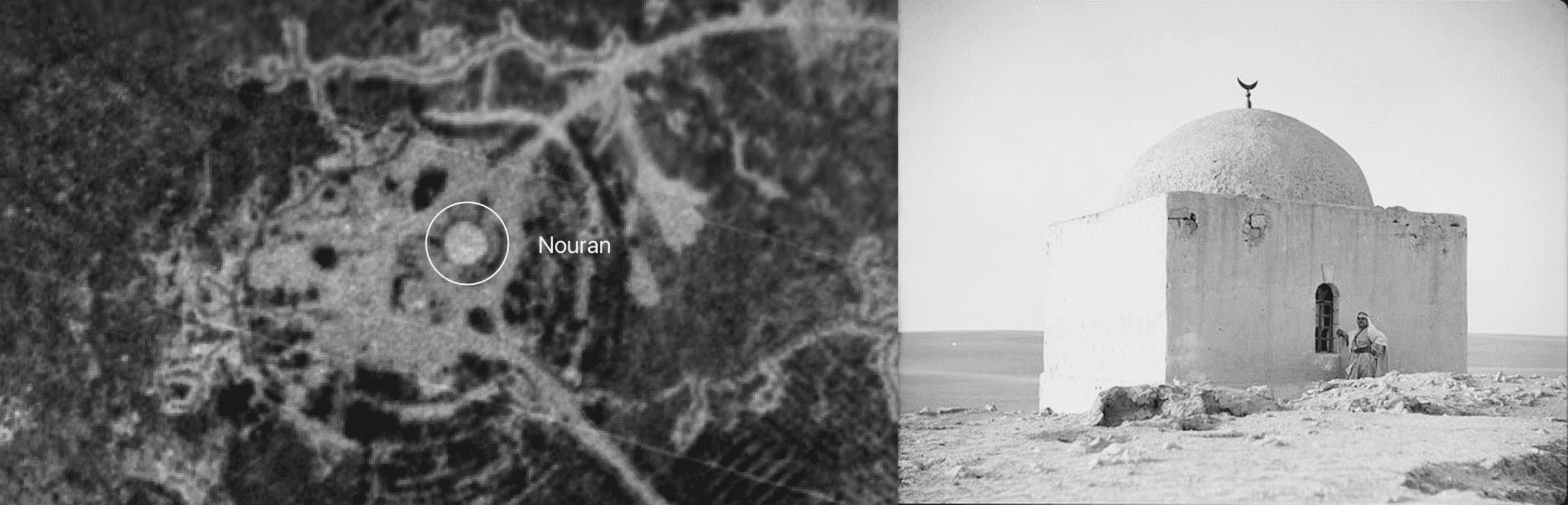  - Left: An aerial image captured in 1956. External image source: The Hebrew University of Jerusalem. Right: Archival image of Aref el Aref at Maqam Nouran, 1934. Courtesy of Palestine Land Society. (Forensic Architecture, 2025)
