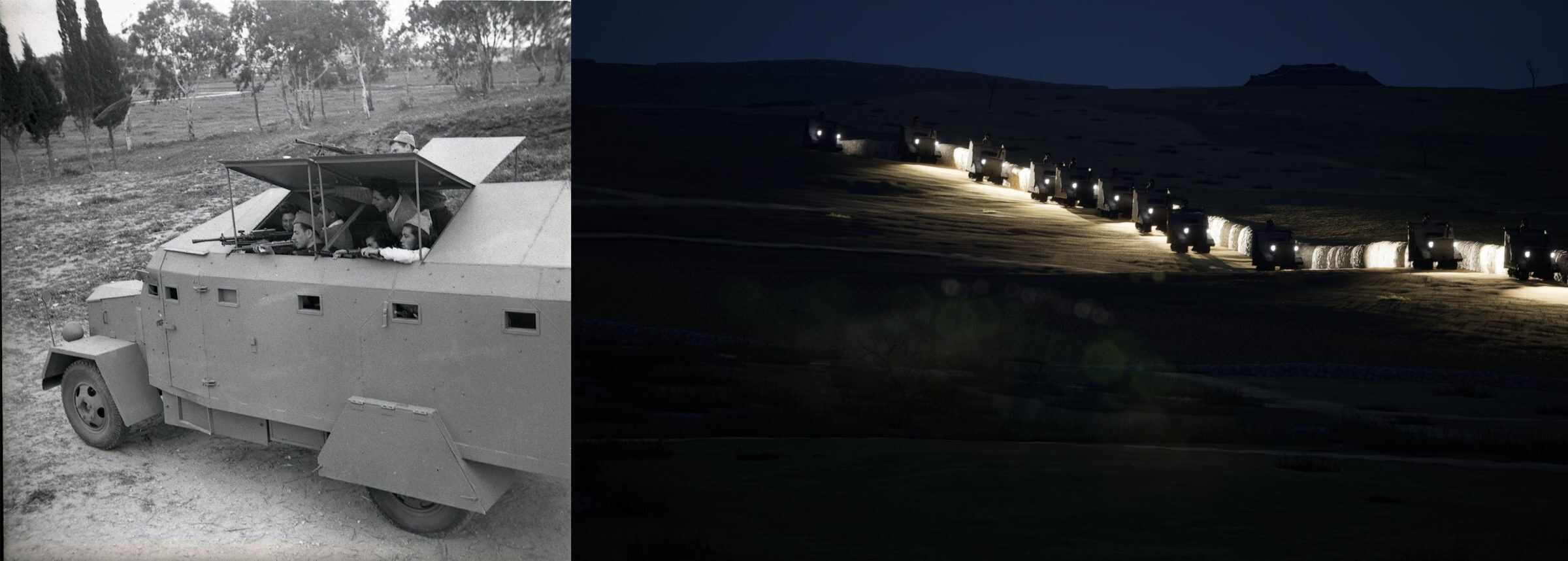  - A Haganah car, 1948 (left) and FA's digital reconstruction of the arrival of Zionist militias to al-Ma’in (right). External image source: National Library of Israel (left). (Forensic Architecture, 2025)