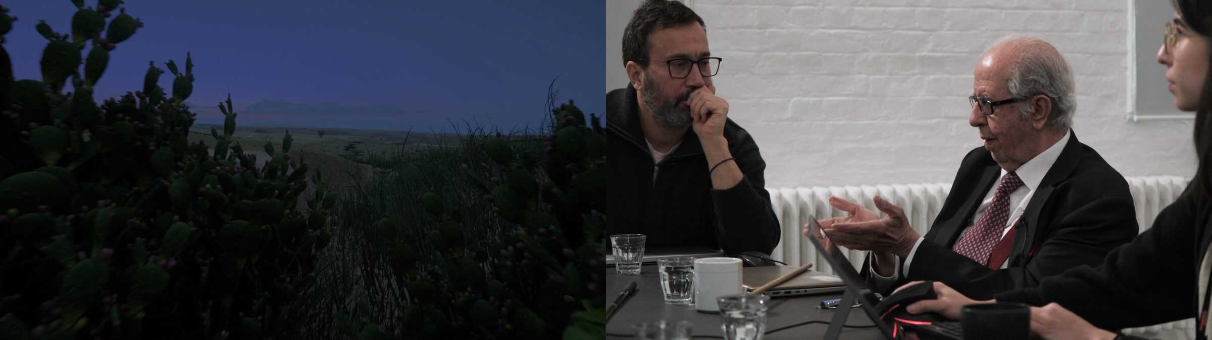  - Reconstruction of the gap in the cactus fence. Left: FA's digital reconstruction. Right: Still from the 'situated testimony' interview with Salman Abu Sitta. (Forensic Architecture, 2025)