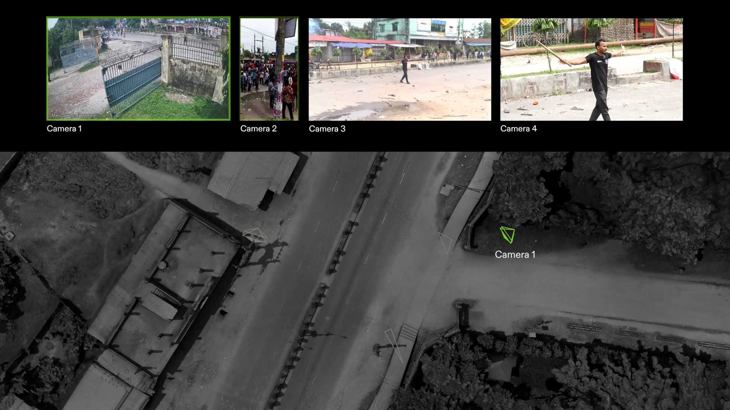 - View cones of the four cameras positioned within our 3D model. (Forensic Architecture, 2025)