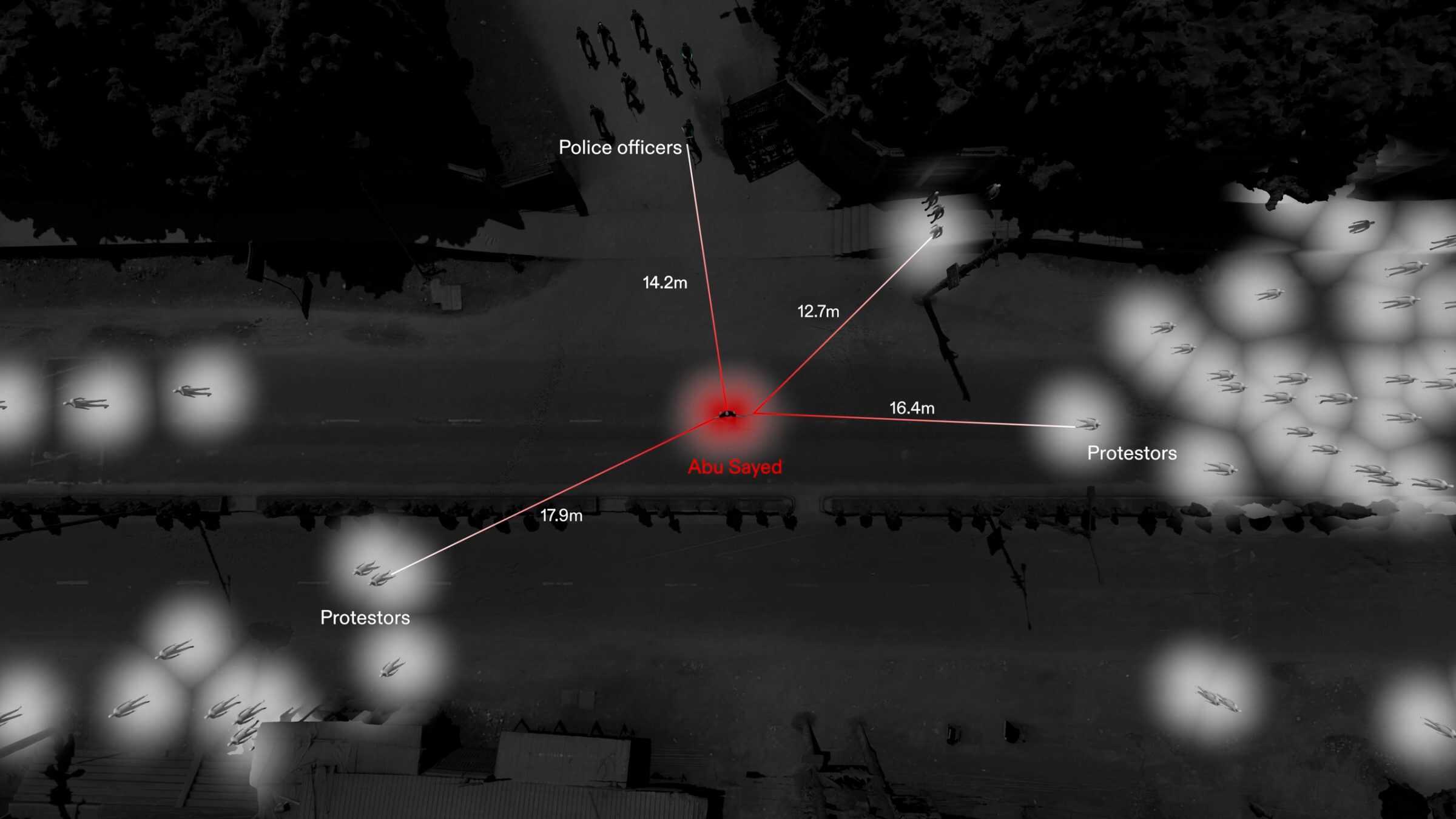 - A map illustrating Abu Sayed’s isolation from the crowd at the moment he was shot. (Forensic Architecture, 2025)