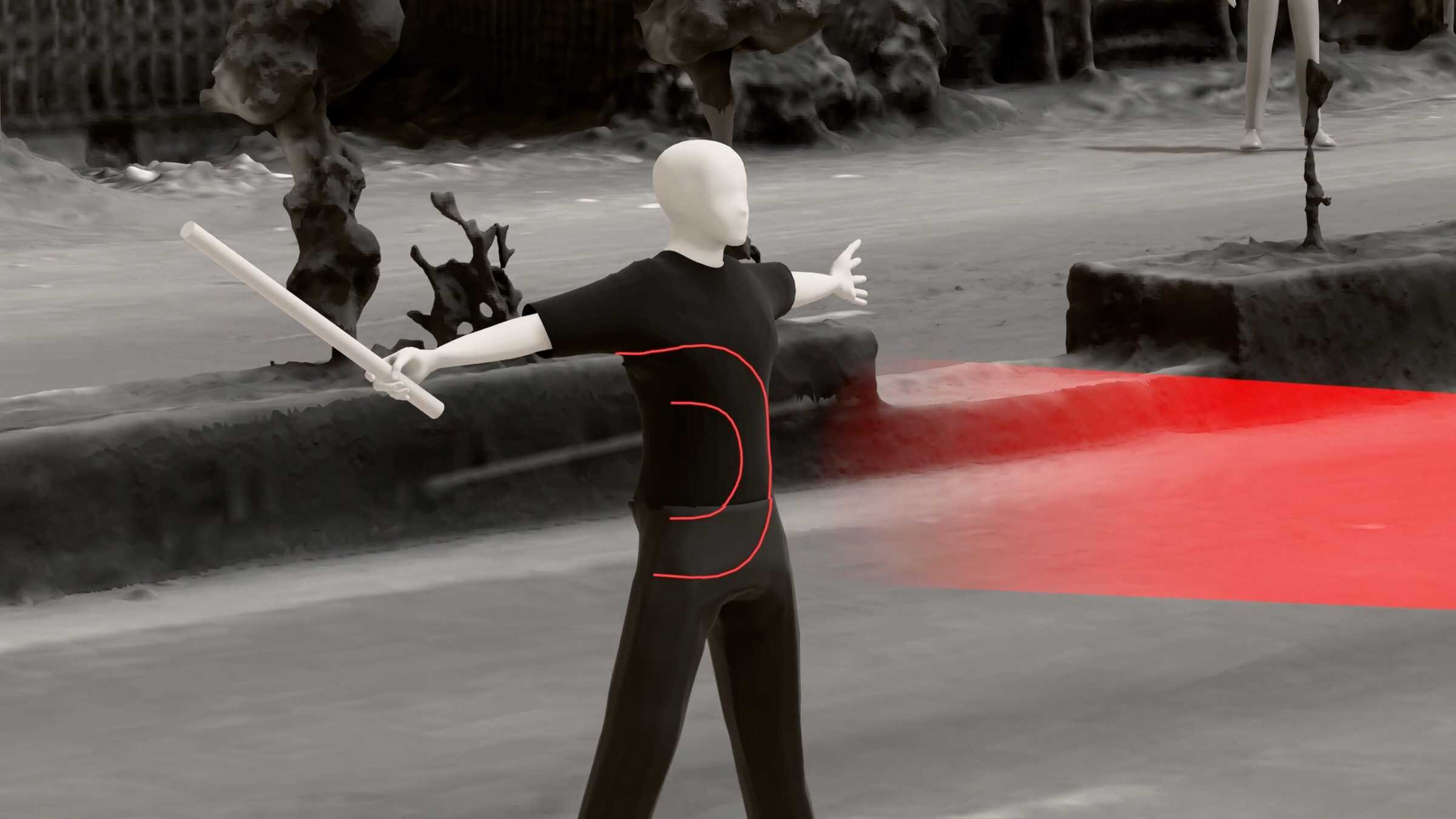 - A digital reconstruction showing the trajectory and spread of pellets from the first shot. (Forensic Architecture, 2025)