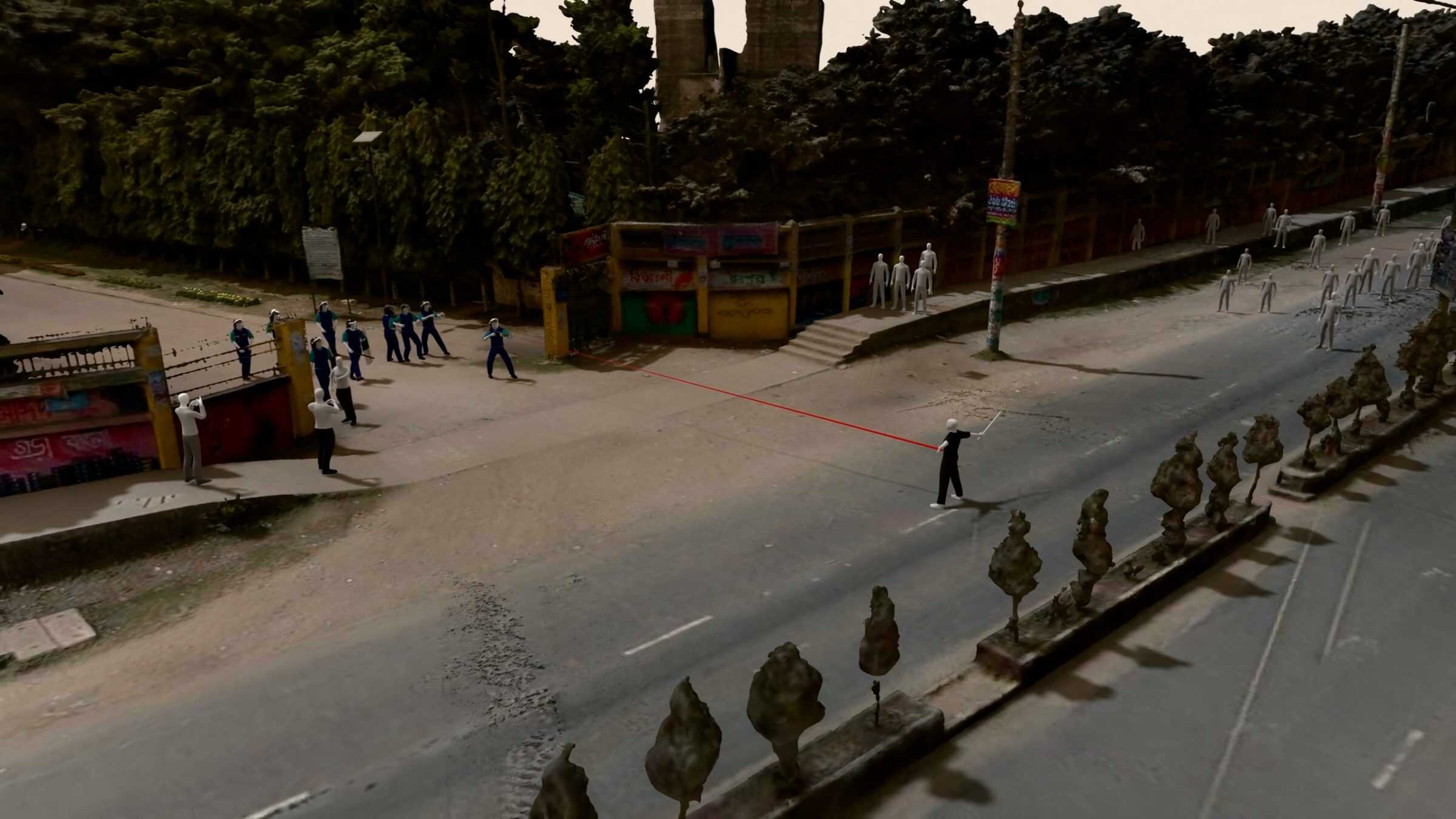 - A digital reconstruction of the moment Abu Sayed was first shot by police officers (Forensic Architecture, 2025)