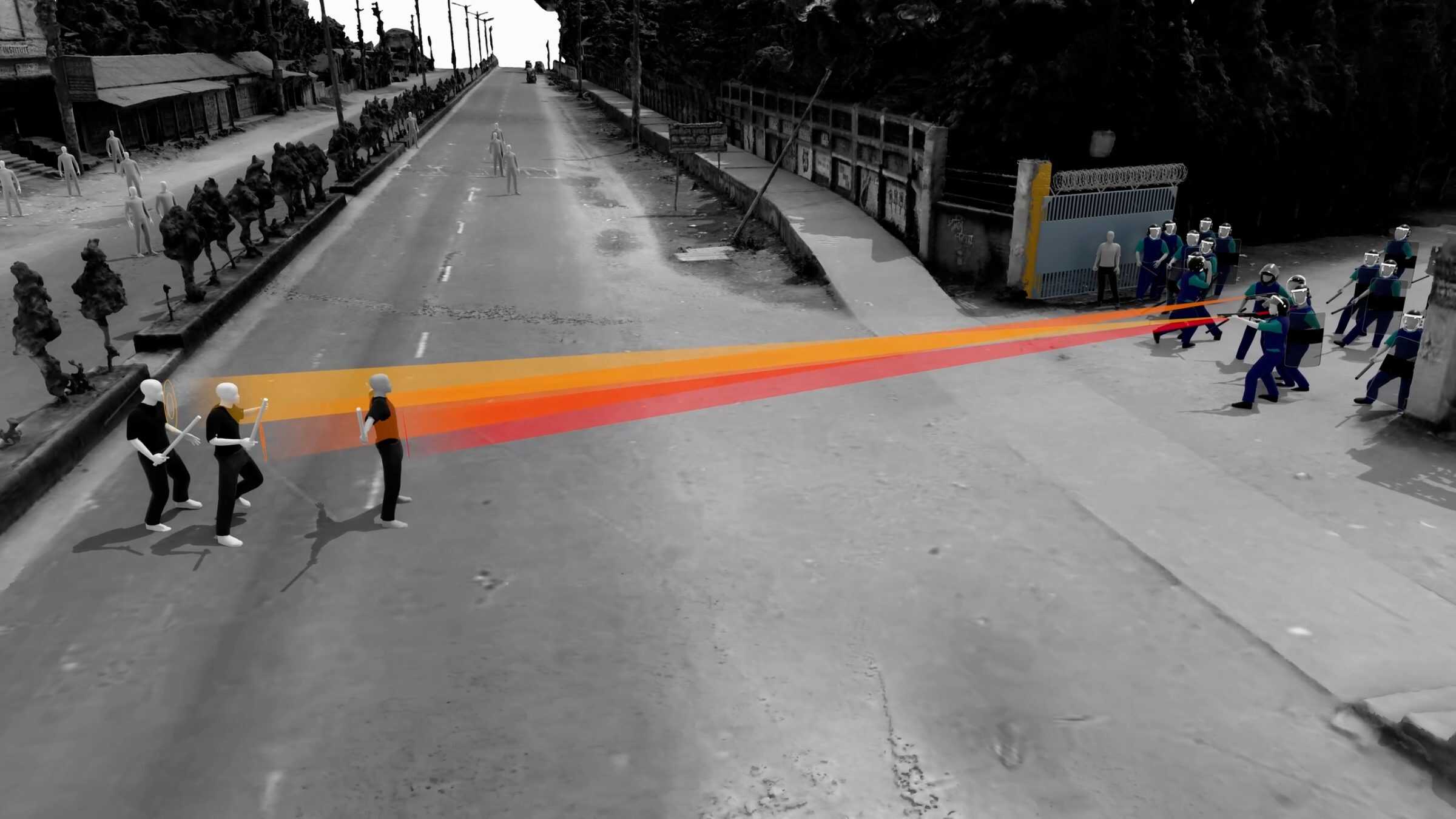 - A digital reconstruction of the trajectories of the three shots aimed at Abu Sayed by police officers. (Forensic Architecture, 2025)