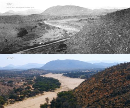 - Before and after images of Hatsamas, Namibia. Top: 1876, Image source: National Archives of Namibia (NAN). Bottom: 2023. (Forensic Architecture/Forensis, 2025)