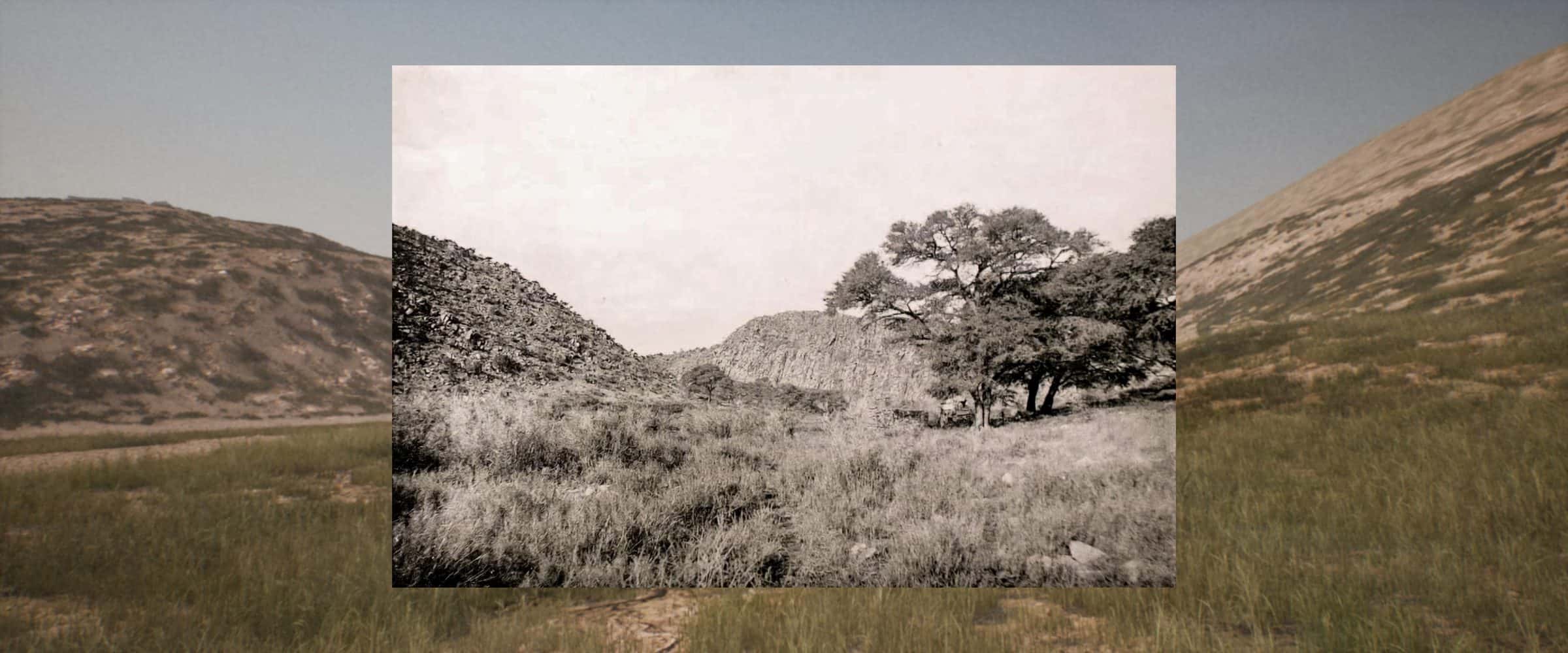  - Photomatch of an 1897 photograph from Hatsamas, Namibia within our 3D digital reconstruction in Unreal Engine, confirming Indigenous accounts of the character of grasslands in this area. External image source: Deutsch-Südwest-Afrika, 96 Lichtdrucke nach photographien aus dem Herero- und Nama-Lande, Theodoor Rehbock, 1897. (Forensic Architecture/Forensis, 2025)