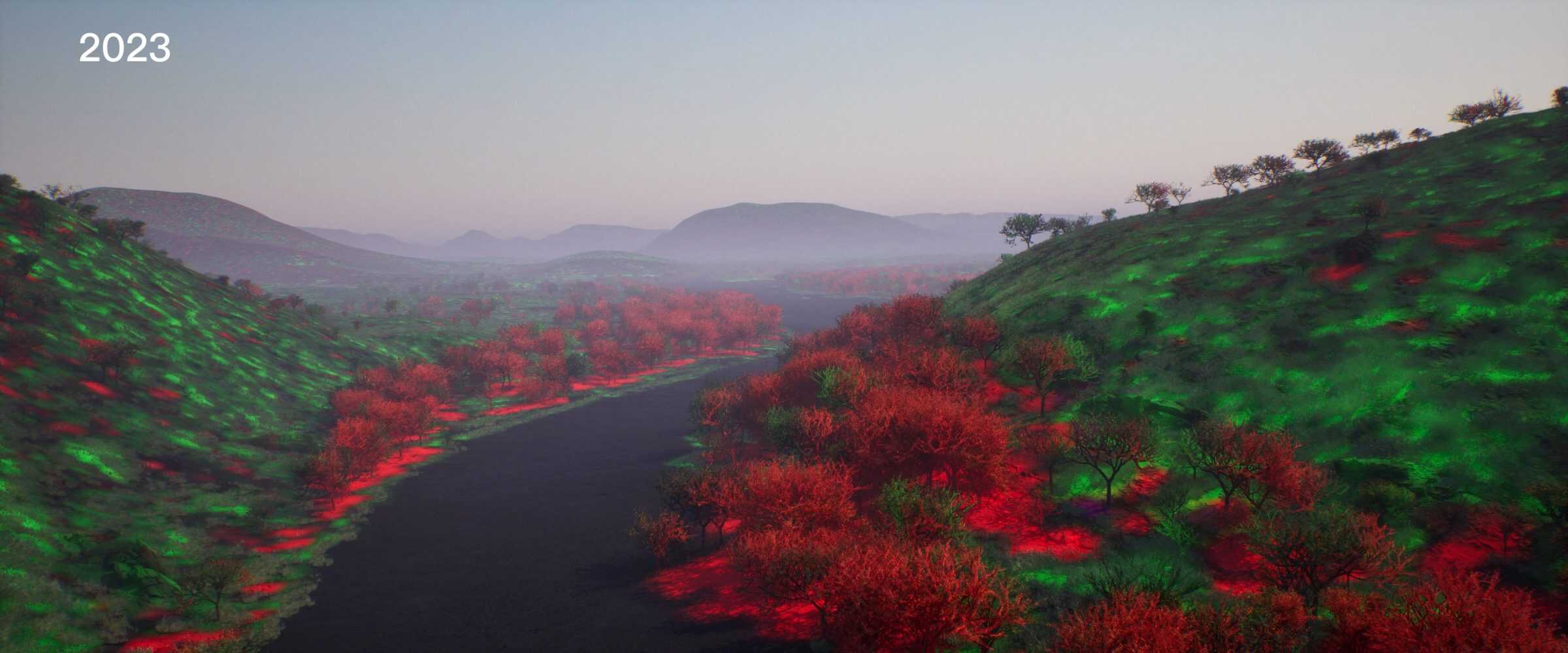  - Perspective view with the 2023 species map applied in a 3D environment in Unreal Engine. (Forensic Architecture/Forensis, 2025)