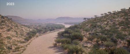 - Digital reconstruction of the landscape in Hatsamas, Namibia as it would have looked in 2023. (Forensic Architecture/Forensis, 2025)