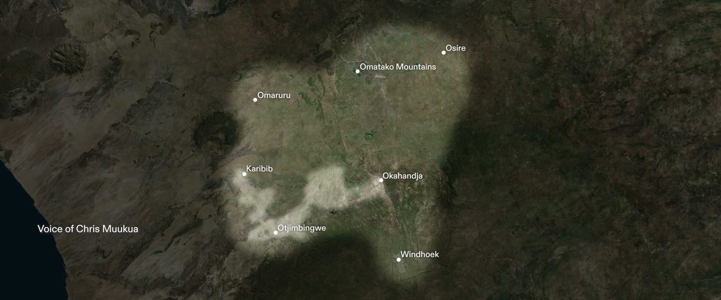  - Map showing FA’s estimate of the traditional grazing lands of the Ovaherero community of Otjimbingwe (white highlight) as well as where most of the Ovaherero people lived before German colonisation (light highlight). This estimate is informed by the oral history testimony of Elder Chris Muukua. (Forensic Architecture/Forensis, 2025)