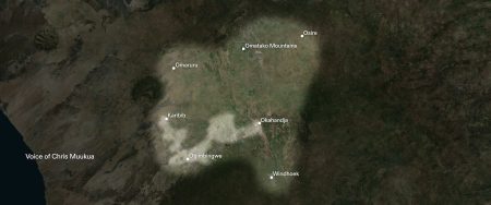 - Map showing FA’s estimate of the traditional grazing lands of the Ovaherero community of Otjimbingwe (white highlight) as well as where most of the Ovaherero people lived before German colonisation (light highlight). This estimate is informed by the oral history testimony of Elder Chris Muukua. (Forensic Architecture/Forensis, 2025)