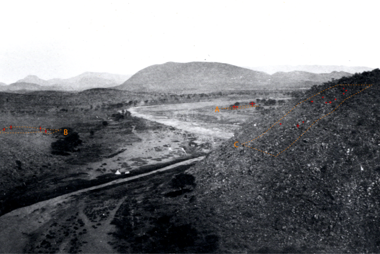  - Historical photograph of Hatsmas from 1876 overlayed with sample areas for quantification analysis. In each area, we measure the approximate bush dimensions visible. (Forensic Architecture/Forensis, 2025)