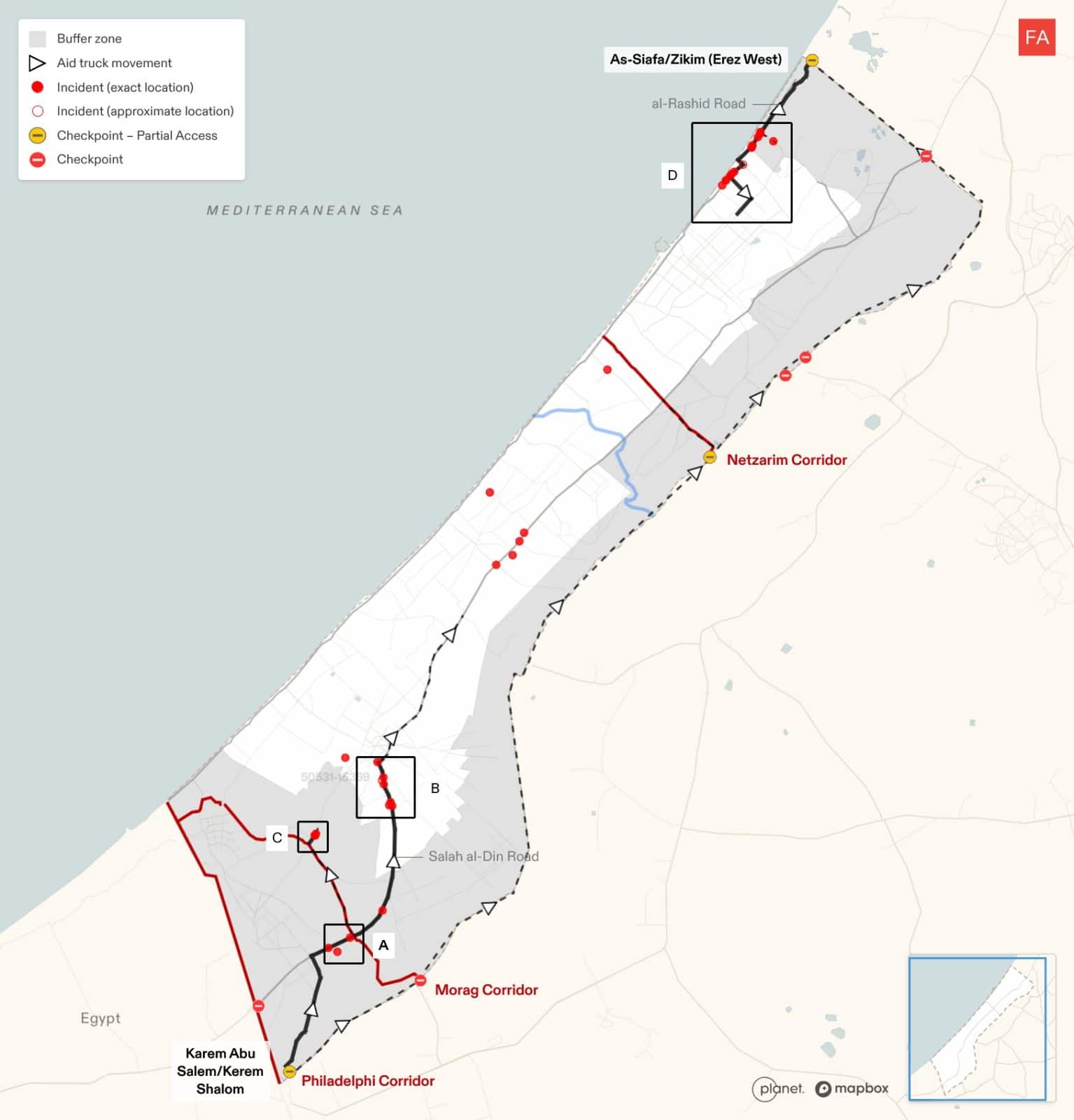  - Map of the civilian model of aid distribution, with geolocated incidents of aid diversion between 18 March 2025 and 1 August 2025. Highlighting four key areas in Rafah (A, C), Khan Younis (B), and northern Gaza (D). (Forensic Architecture, 2025)