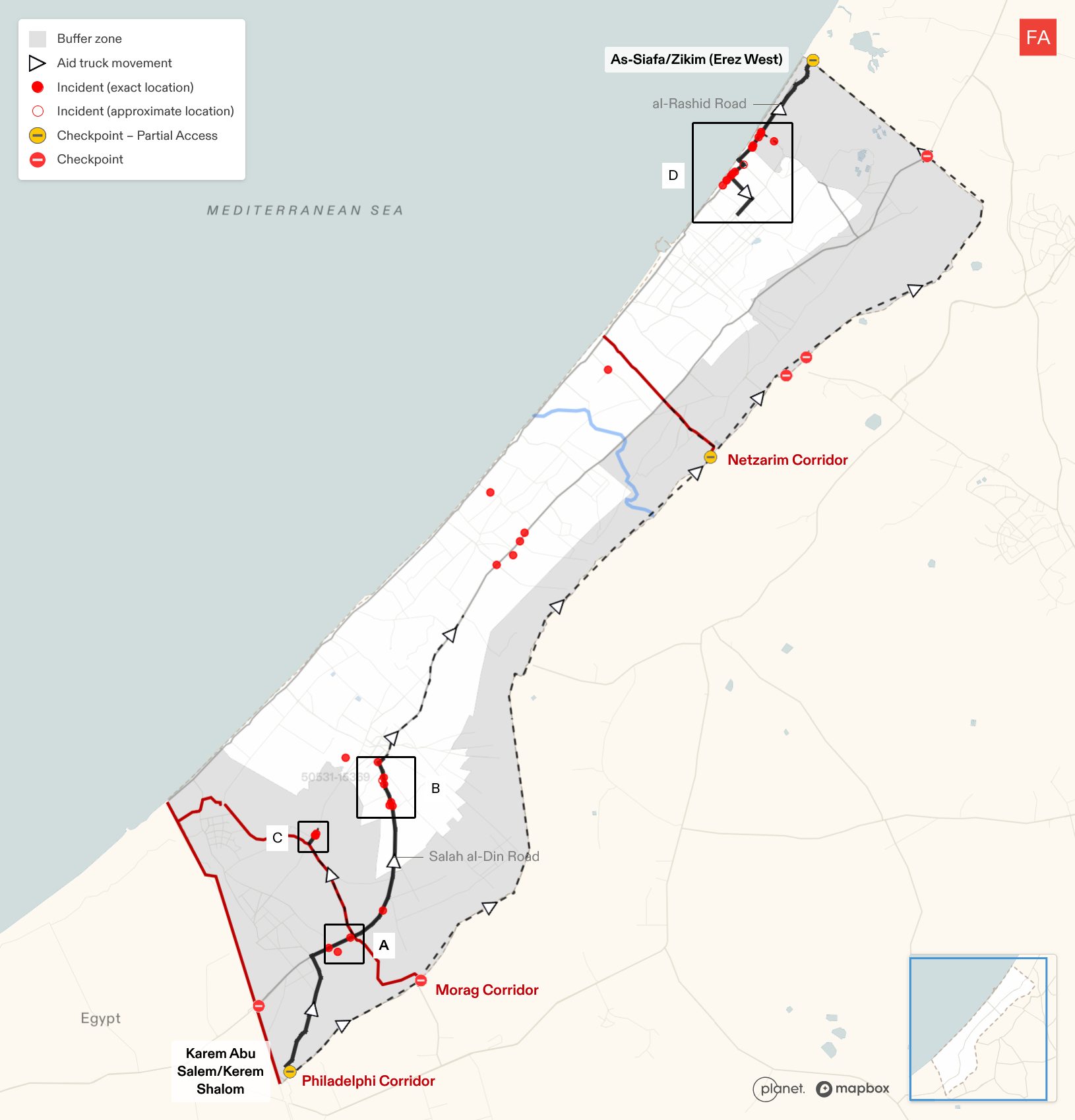  - Map of the civilian model of aid distribution, with geolocated incidents of aid diversion between 18 March 2025 and 1 August 2025. Highlighting four key areas in Rafah (A, C), Khan Younis (B), and northern Gaza (D). (Forensic Architecture, 2025)