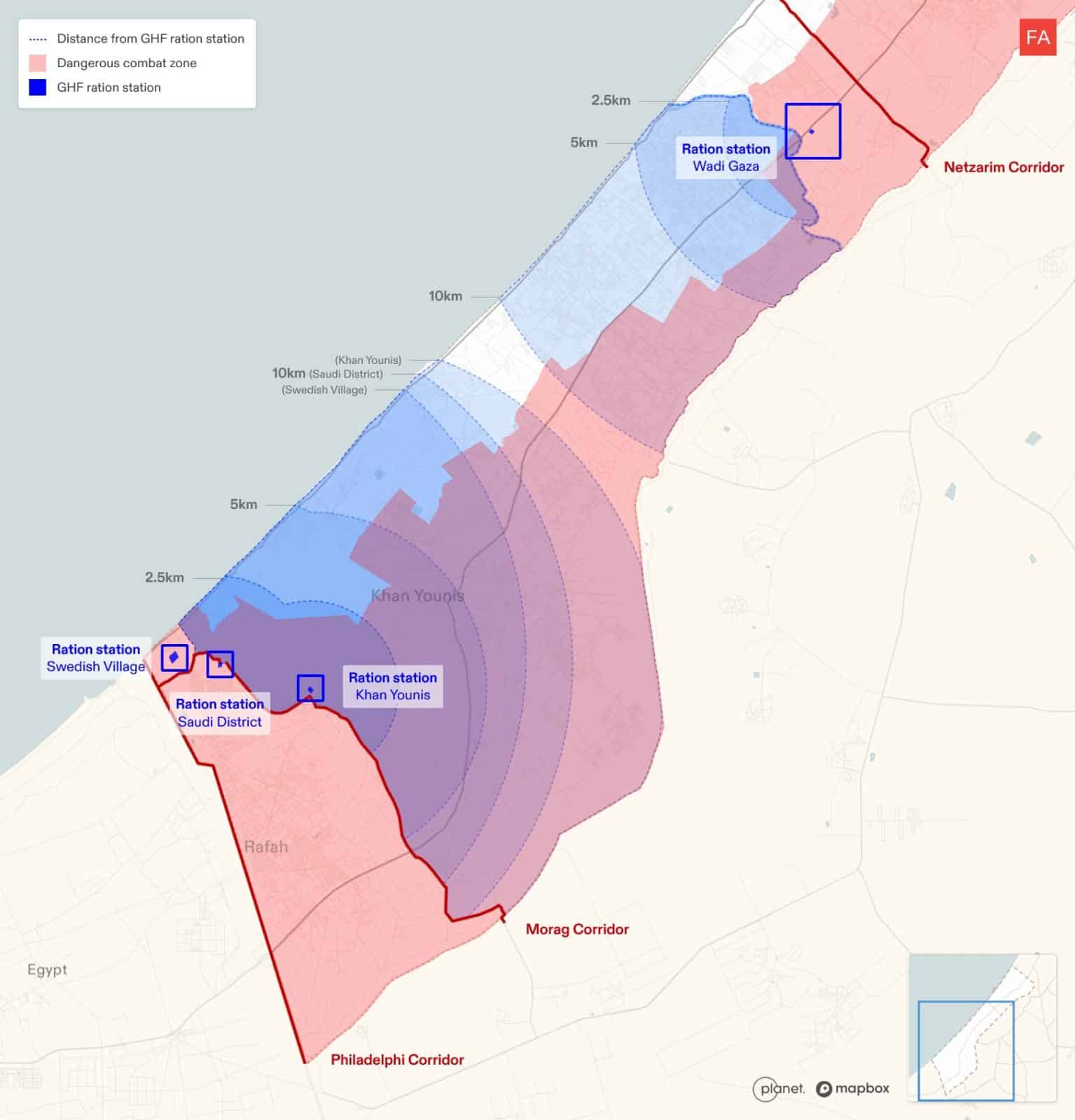  - Map showing the distance to the GHF ration stations, indicating the distance Palestinians have to travel to reach the sites. (Forensic Architecture, 2025)