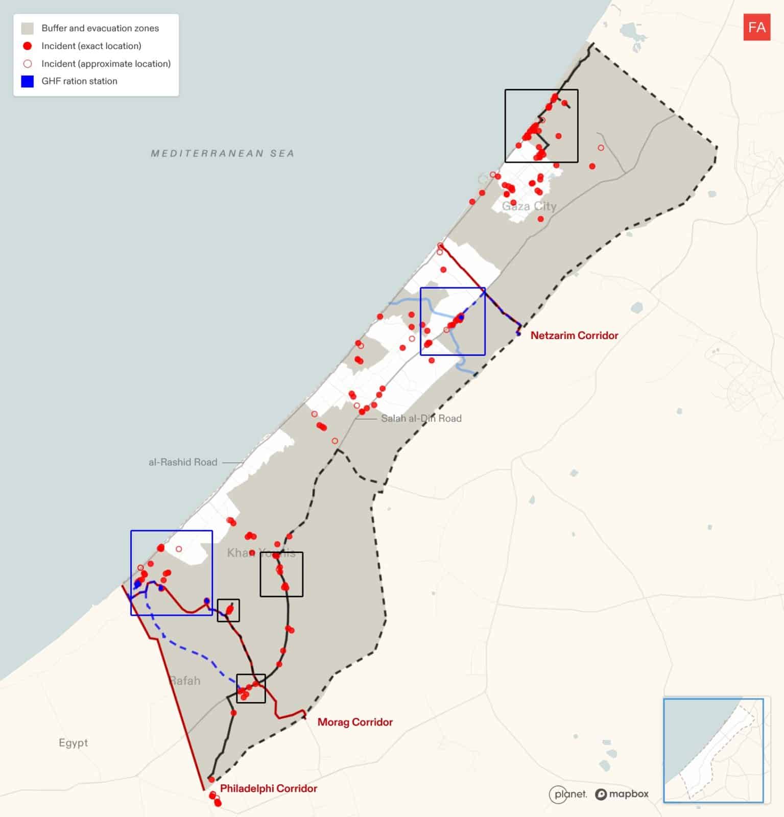  - Map of infrastructure for the civilian model (black) — warehouses, roads, distribution points — and the military model (blue) — GHF sites and access roads — with all geolocated incidents related to aid (red dots), such as attacks on civilians seeking aid, aid diversion, military presence in relation to aid, presence of aid. (Forensic Architecture, 2025)