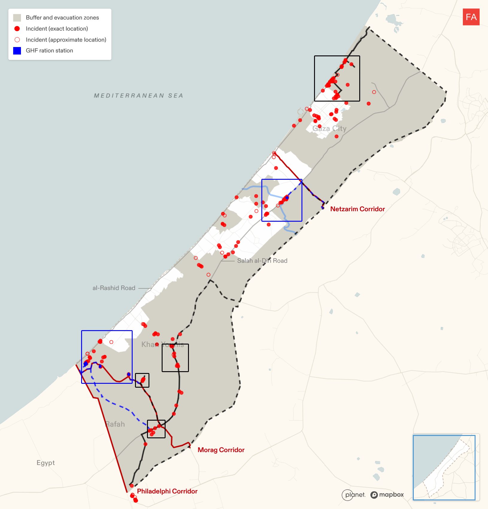  - Map of infrastructure for the civilian model (black) — warehouses, roads, distribution points — and the military model (blue) — GHF sites and access roads — with all geolocated incidents related to aid (red dots), such as attacks on civilians seeking aid, aid diversion, military presence in relation to aid, presence of aid. (Forensic Architecture, 2025)