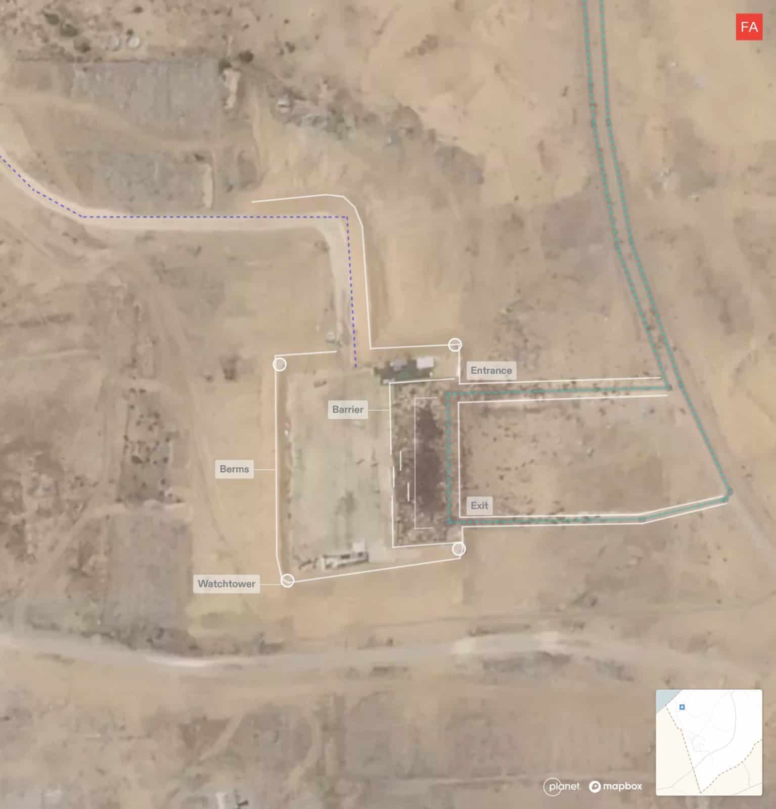  - Annotated satellite image from 18 July 2025, showing Palestinians accessing rations at the Saudi District GHF site. Satellite image: ©️ 2025 Planet Labs PBC (Forensic Architecture, 2025)