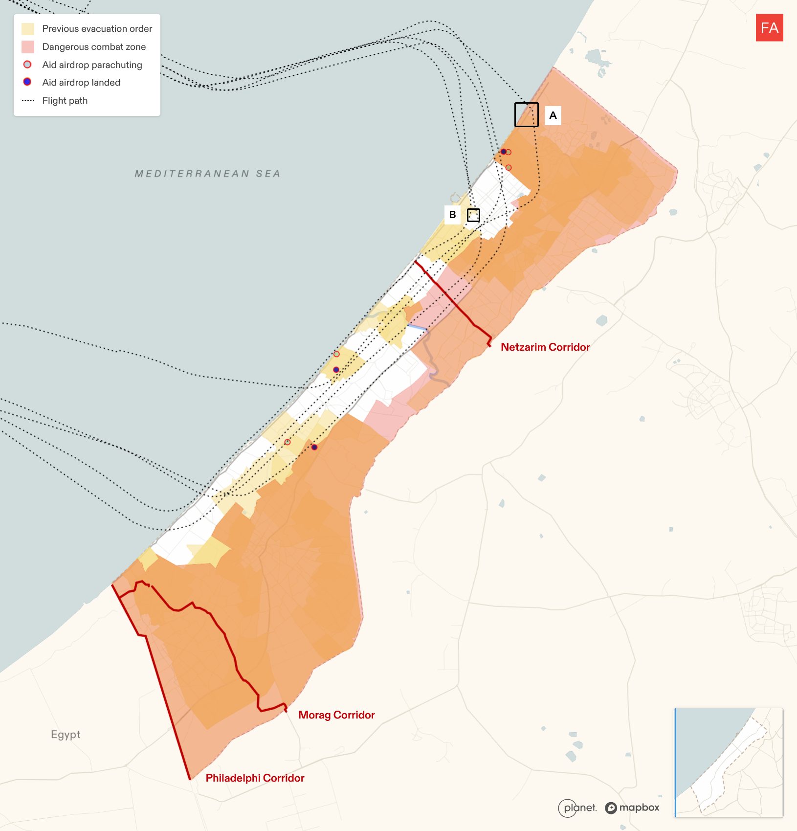  - Map of flight paths of planes that provided airdrops of aid in Gaza between 31 July and 1 August 2025 in relation to the ‘dangerous combat zone’ and verified incidents of airdropped aid parachuting and landed. (Forensic Architecture, 2025)