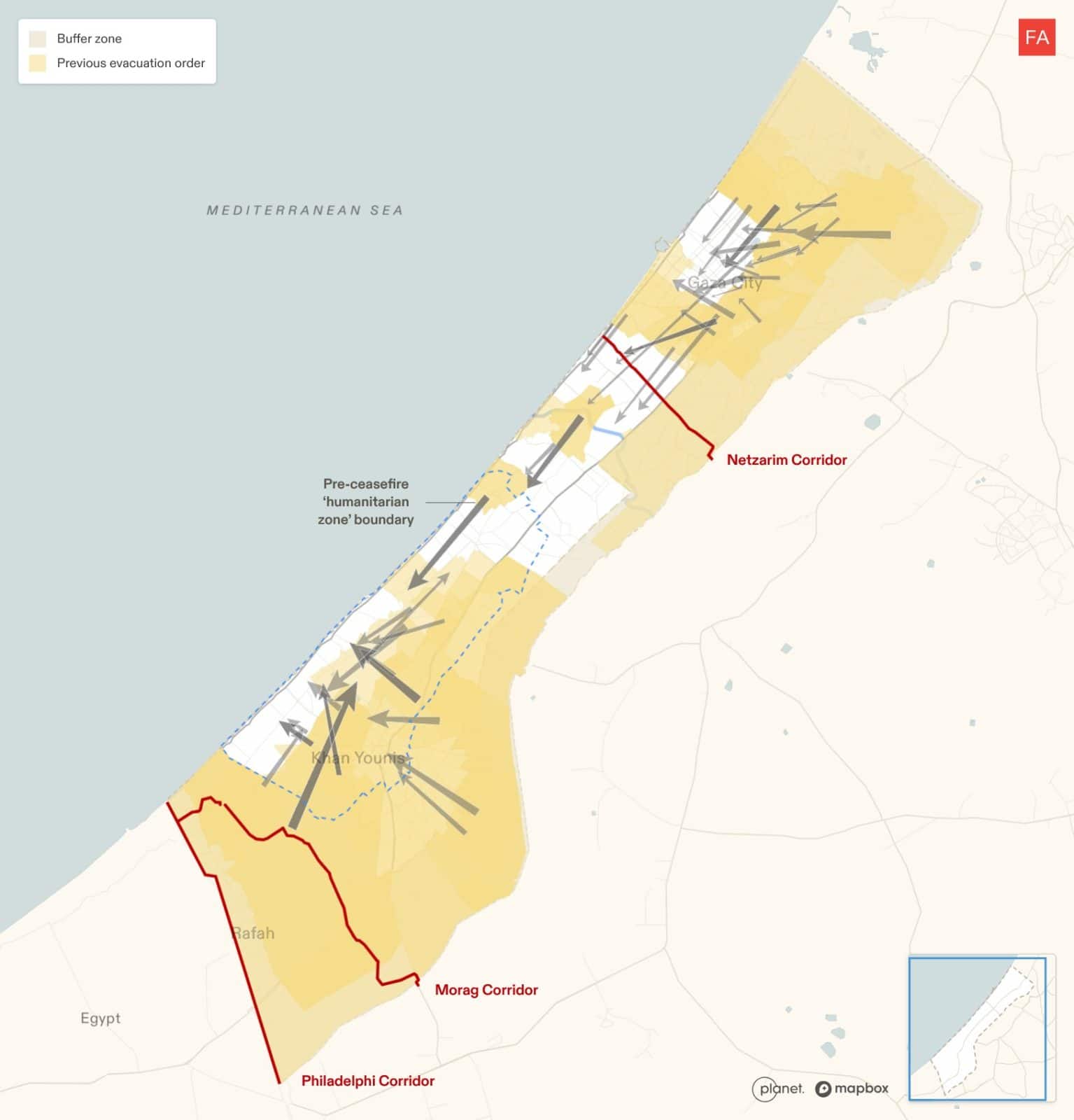  - Map of the fifty-eight evacuation orders since the end of the ceasefire on 18 March 2025 to 1 August 2025, with the pre-ceasefire ‘humanitarian zone’ showing the concentration of the population along the coast, particularly in the southern coastal area of al-Mawasi. Arrows within the map are those drawn on Israeli evacuation orders. Over time, the buffer zone has grown to encompass areas that had previously been subject to evacuation orders, placing these areas under Israeli military control. (Forensic Architecture, 2025)