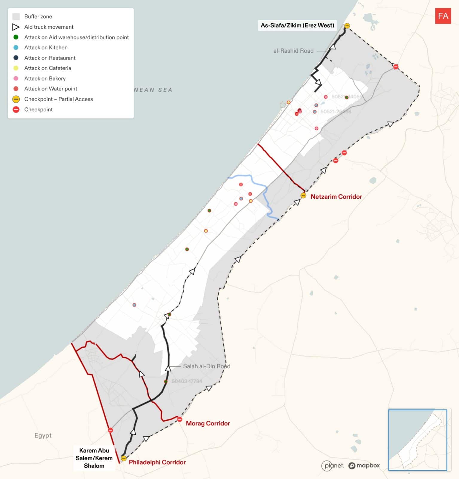  - Map of attacks on essential aid infrastructure (including aid warehouses, kitchens, restaurants, cafeterias, bakeries and water points) between 18 March 2025 and 1 August 2025. (Forensic Architecture, 2025)
