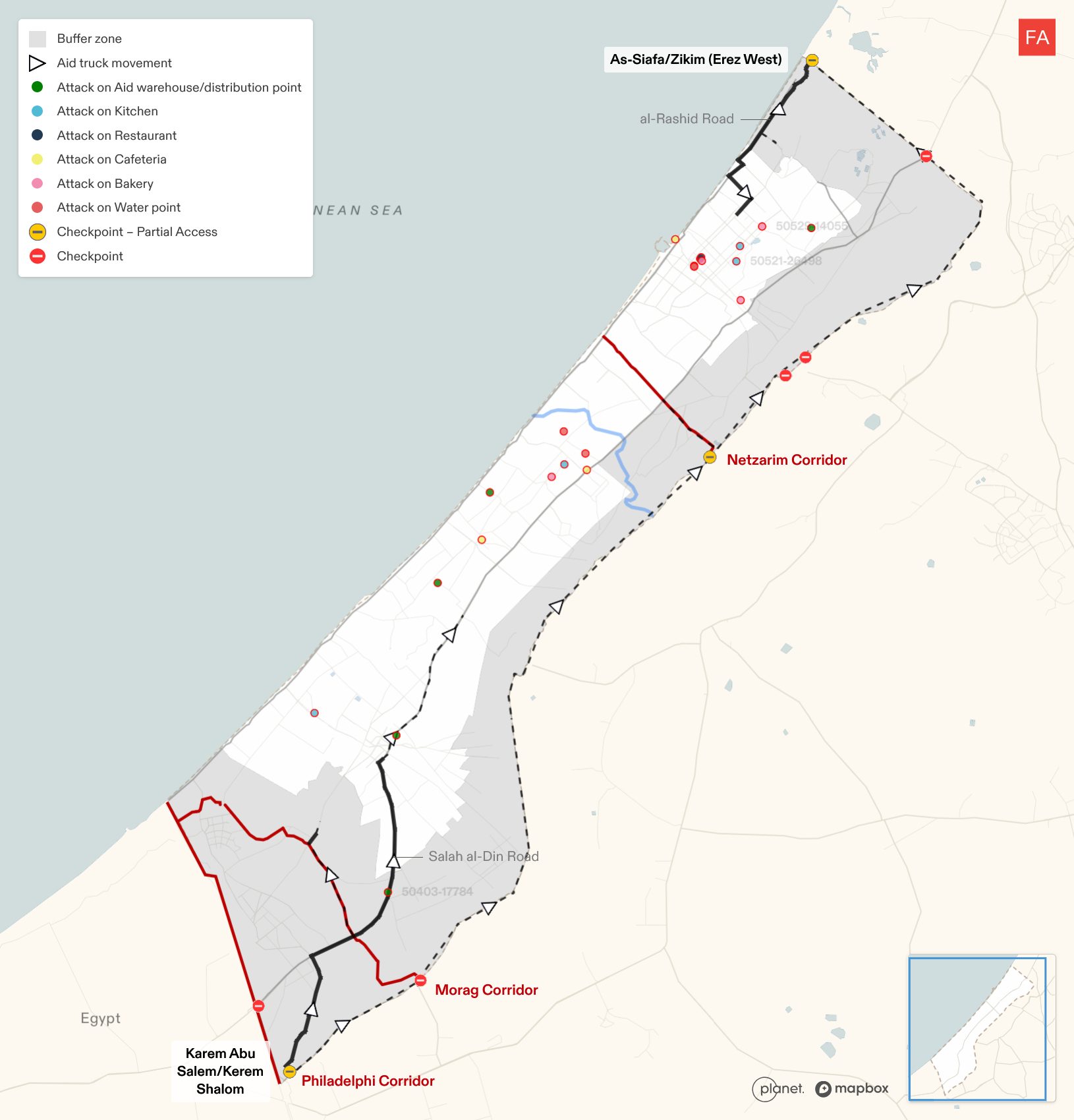  - Map of attacks on essential aid infrastructure (including aid warehouses, kitchens, restaurants, cafeterias, bakeries and water points) between 18 March 2025 and 1 August 2025. (Forensic Architecture, 2025)
