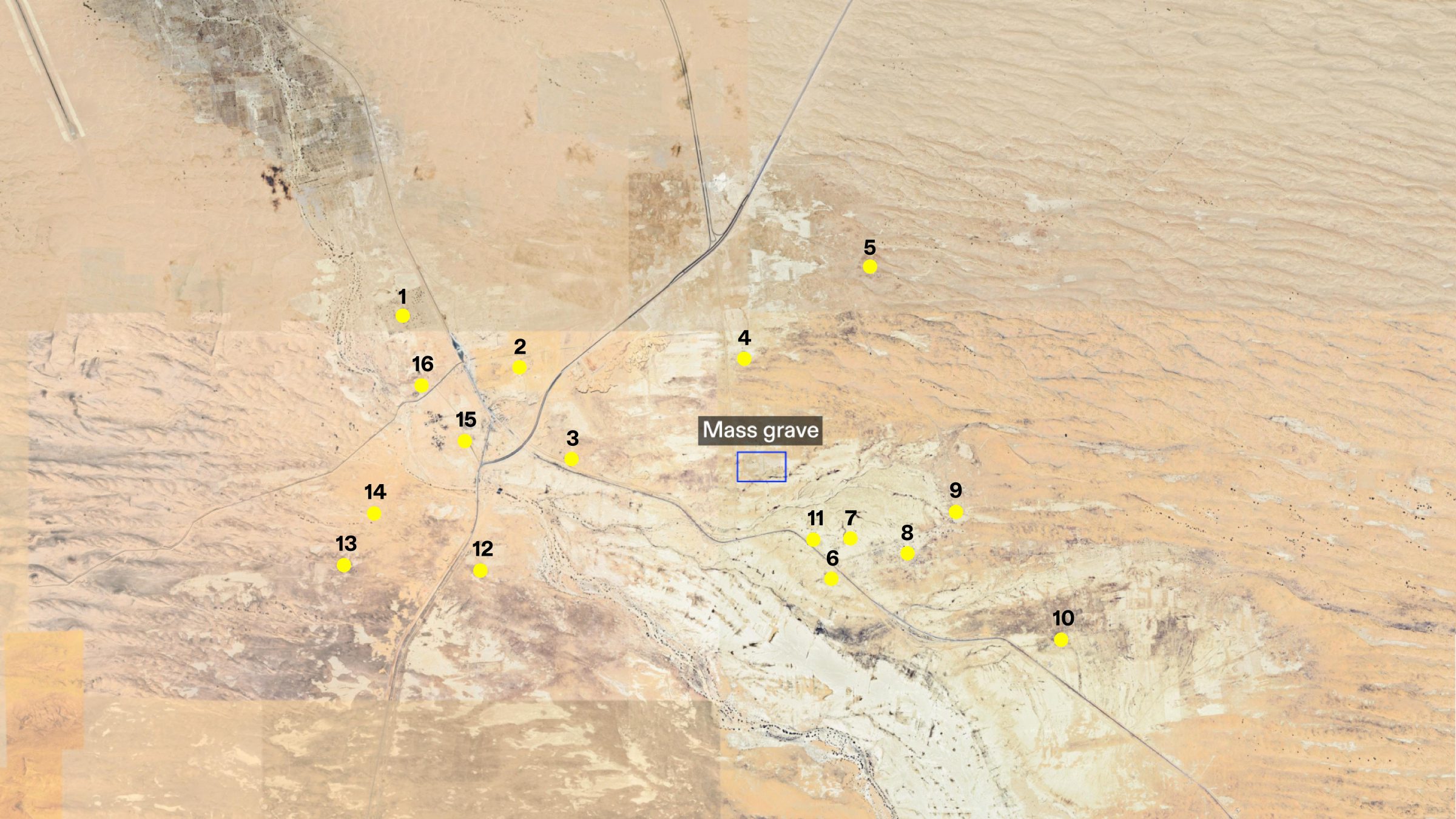  - Annotated satellite image showing the locations of infrastructure destruction between 2013–2020, in the vicinity of the mass grave. External image source: Google Earth. (Forensic Architecture, 2025)