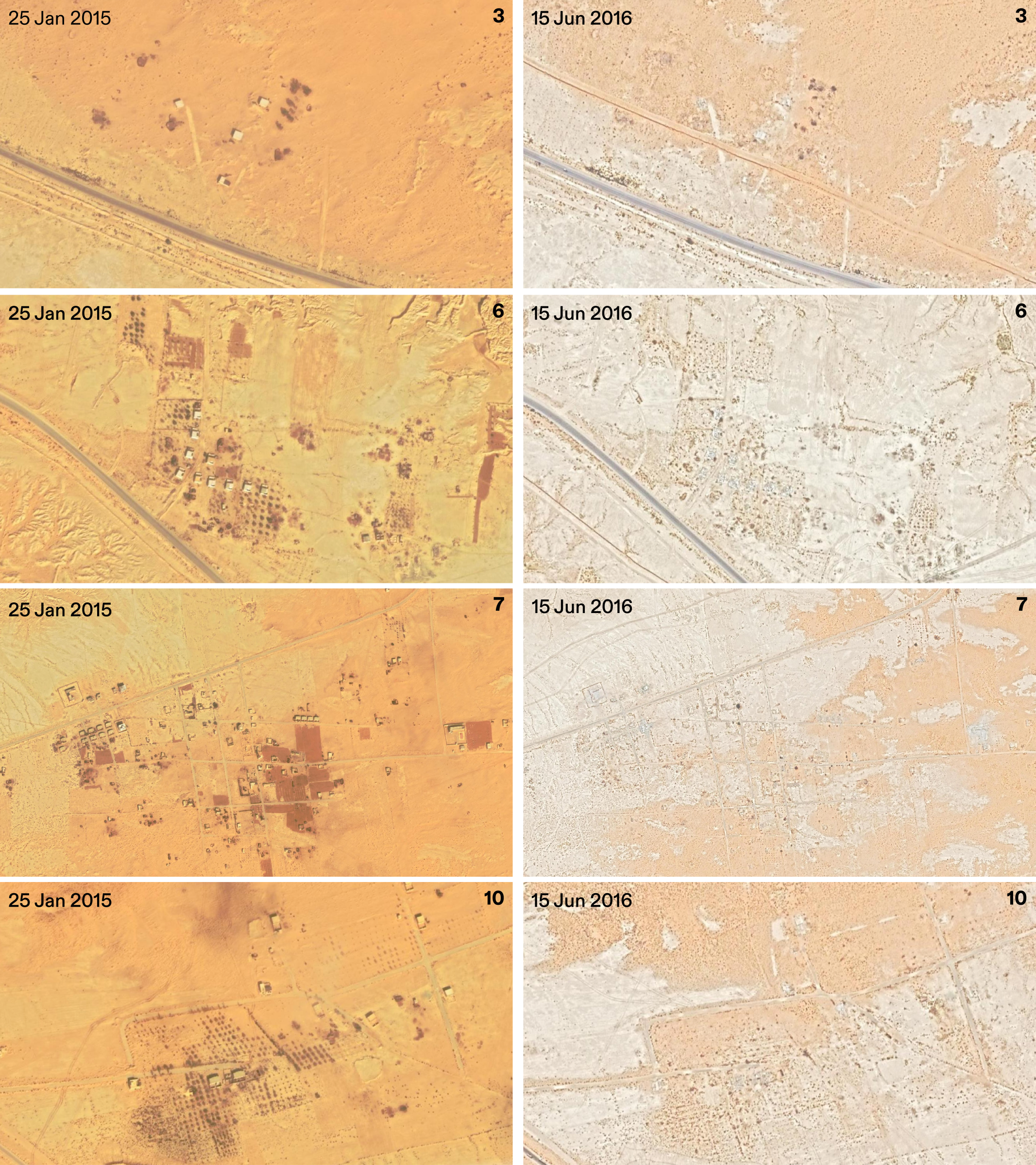  - Comparison of satellite imagery showing the destruction of infrastructure at Locations 3, 6, 7, and 10. External image source: Google Earth. (Forensic Architecture, 2025)