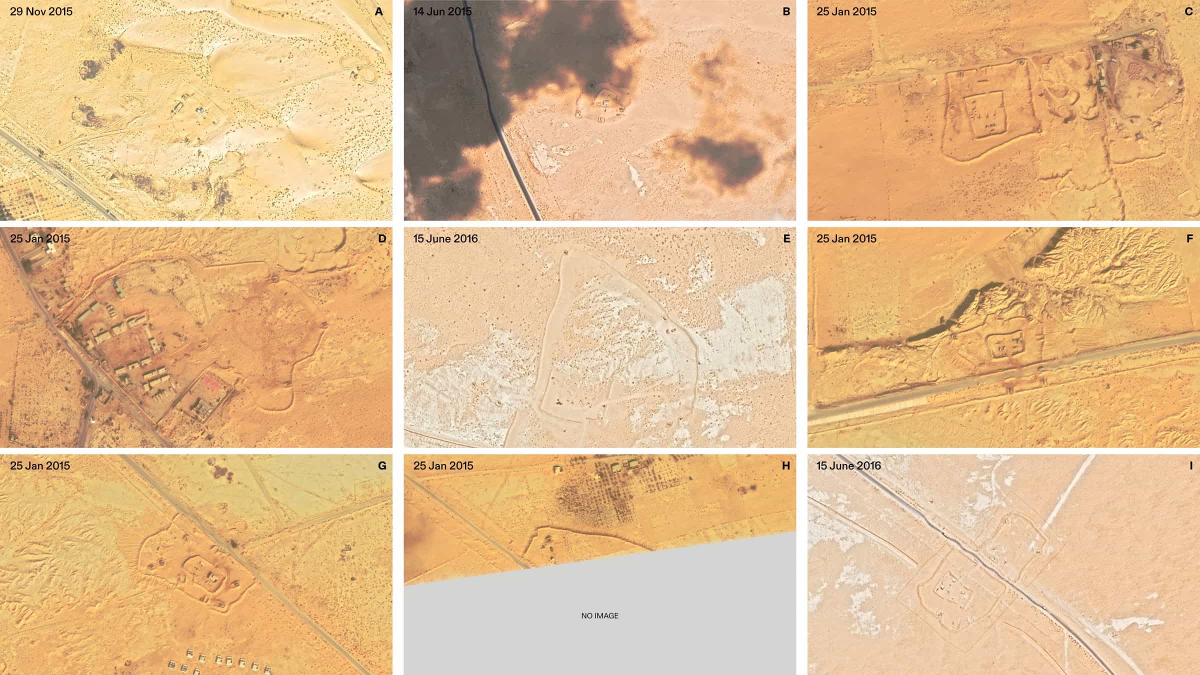  - Satellite imagery showing military outposts A–I positioned along the Abu Aweigila–Al-Arish highway near the location of the mass grave. A, B, C, D, F, G, and H appear for the first time in satellite imagery from 2015, while E and I first appear in imagery from 2016. External image source: Google Earth. (Forensic Architecture, 2025)