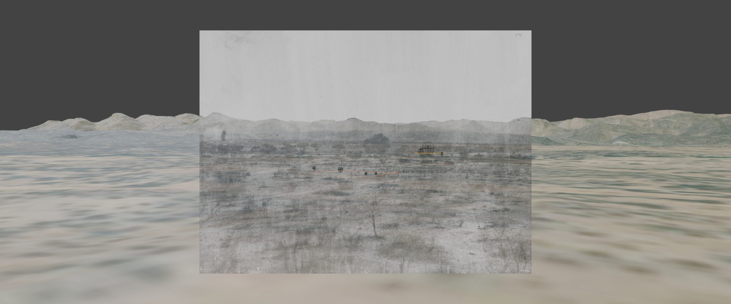  - Screenshot from the 3D software, Blender, showing the photomatch of an 1876 image from W.C. Palgrave at Otjiseva (or Otjisewa) which we used to reconstruct the precise dimensions of each tree within two case study sites. (Forensic Architecture/Forensis, 2025)