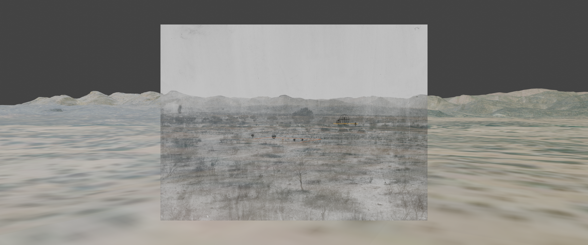  - Screenshot from the 3D software, Blender, showing the photomatch of an 1876 image from W.C. Palgrave at Otjiseva (or Otjisewa) which we used to reconstruct the precise dimensions of each tree within two case study sites. (Forensic Architecture/Forensis, 2025)