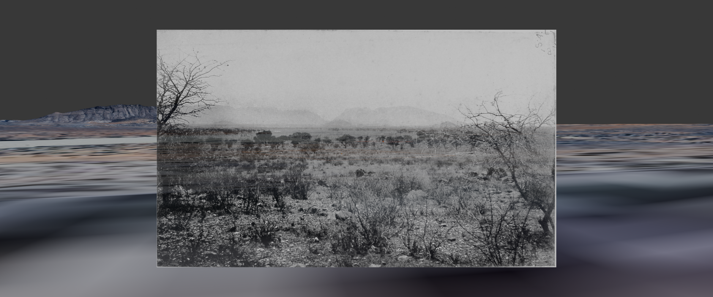  - Screenshot from the 3D software, Blender, showing the photomatch of an 1876 image from W.C. Palgrave at Uisib which we used to reconstruct the precise dimensions of each tree within two case study sites. (Forensic Architecture/Forensis, 2025)