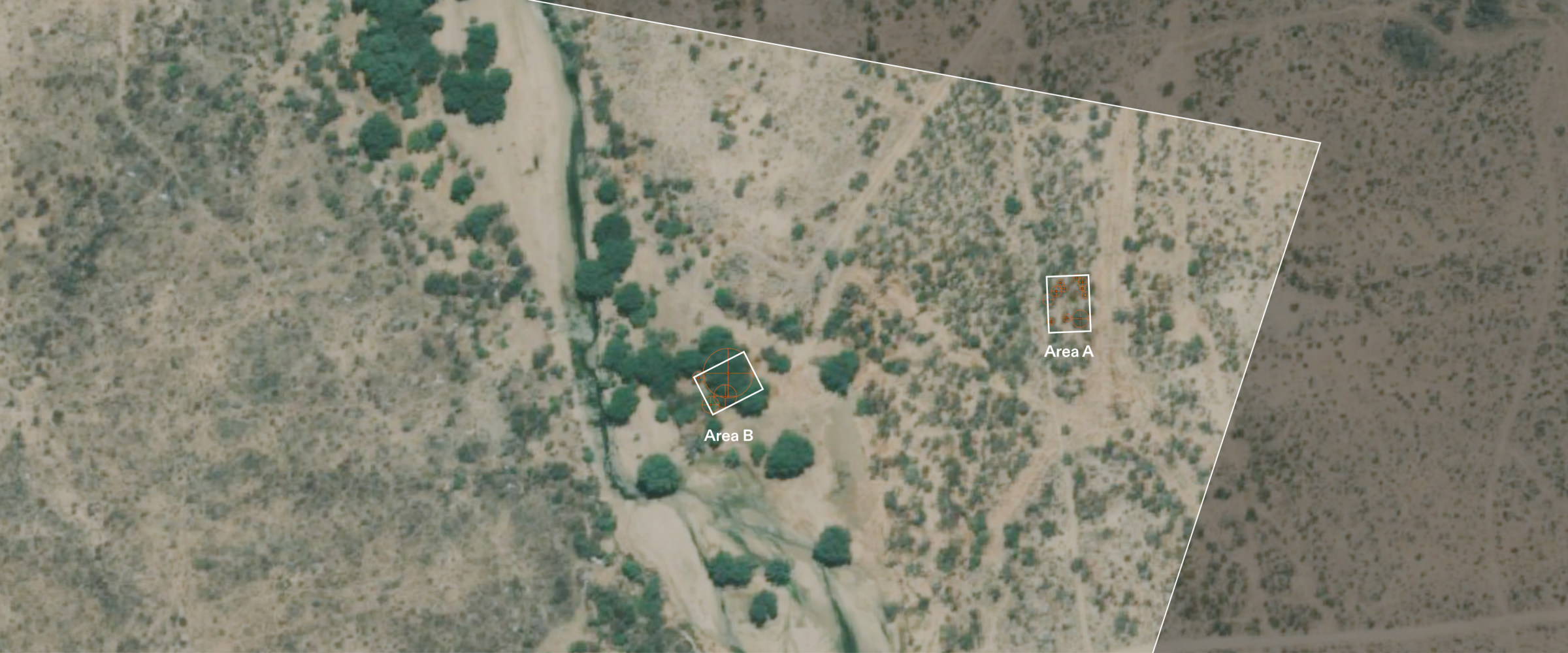  - Diagram showing W.C. Palgraves 1876 photo view cone at Otjiseva and the two study areas within it. (Forensic Architecture/Forensis, 2025)