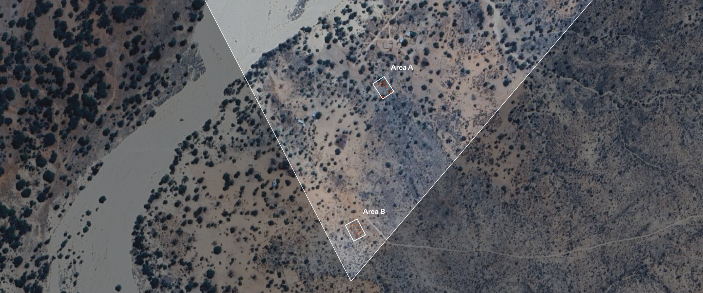  - Diagram showing W.C. Palgraves 1876 photo view cone at Uisib and the two study areas within it. (Forensic Architecture/Forensis, 2025)