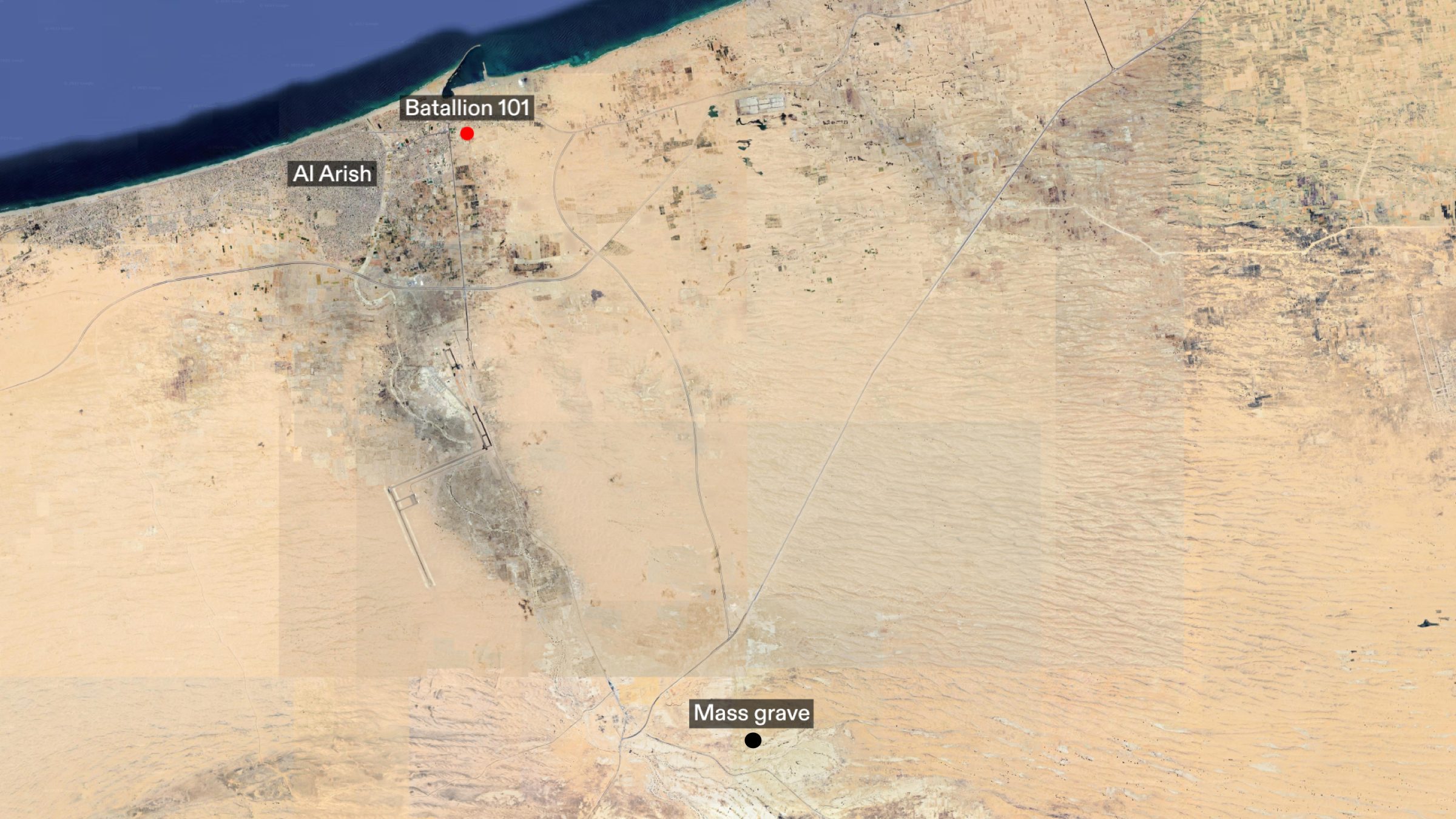  - Location of the mass grave site and Batallion 101. External image source: Google Earth. (Forensic Architecture, 2025)