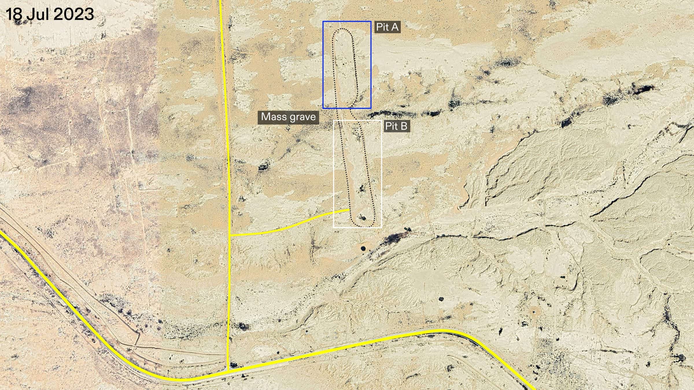  - Annotated satellite image of mass grave pits A and B and the access route into the site (yellow). External image source: Google Earth. (Forensic Architecture, 2025)