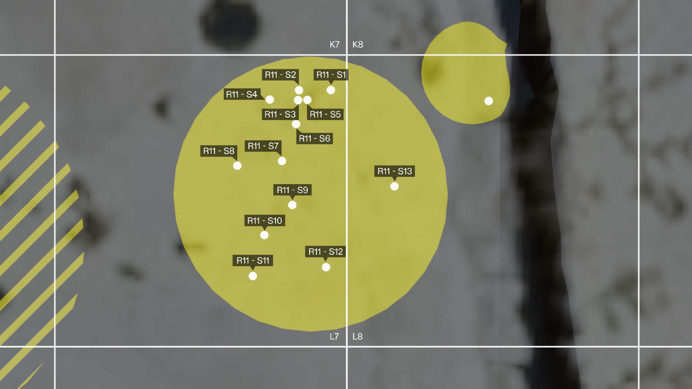  - Detail of the map of skull locations showing the positions of skulls 1–13 in R11. (Forensic Architecture, 2025)