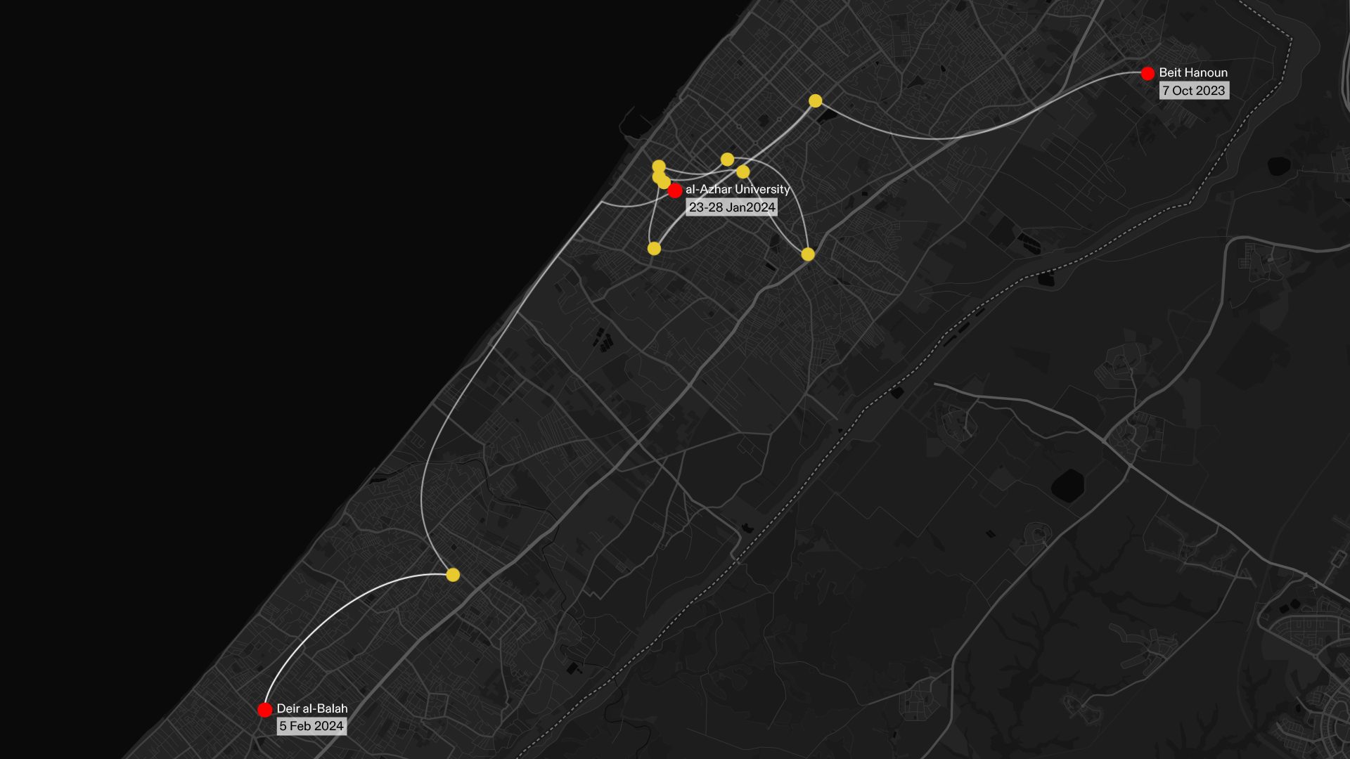Al Azhar_Nadia and Ahmad Displacement Journey - Cartographic visualisation of Nadia and Ahmad's repeated displacements within Gaza. (Forensic Architecture, 2025)