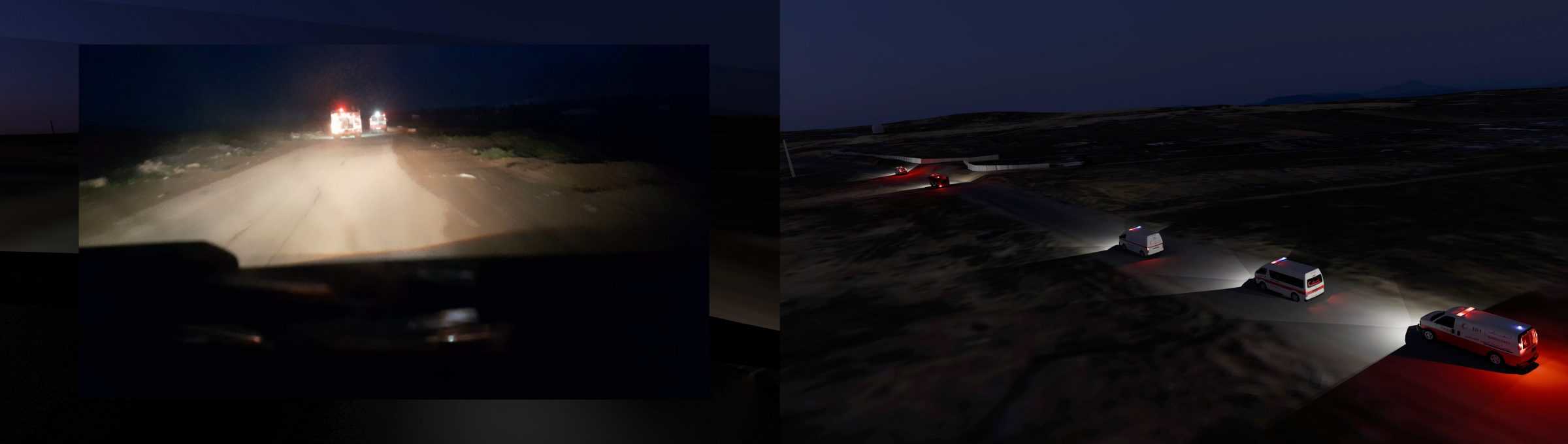 The Rescue Convoy - Left: A still from Refaat’s video recording showing the moment that the rescue convoy located the missing ambulance, matched within FA’s 3D model of the site. External image source: Palestine Red Crescent Society. Right: FA’s 3D model showing the order of vehicles in the rescue convoy. (Forensic Architecture, 2026)