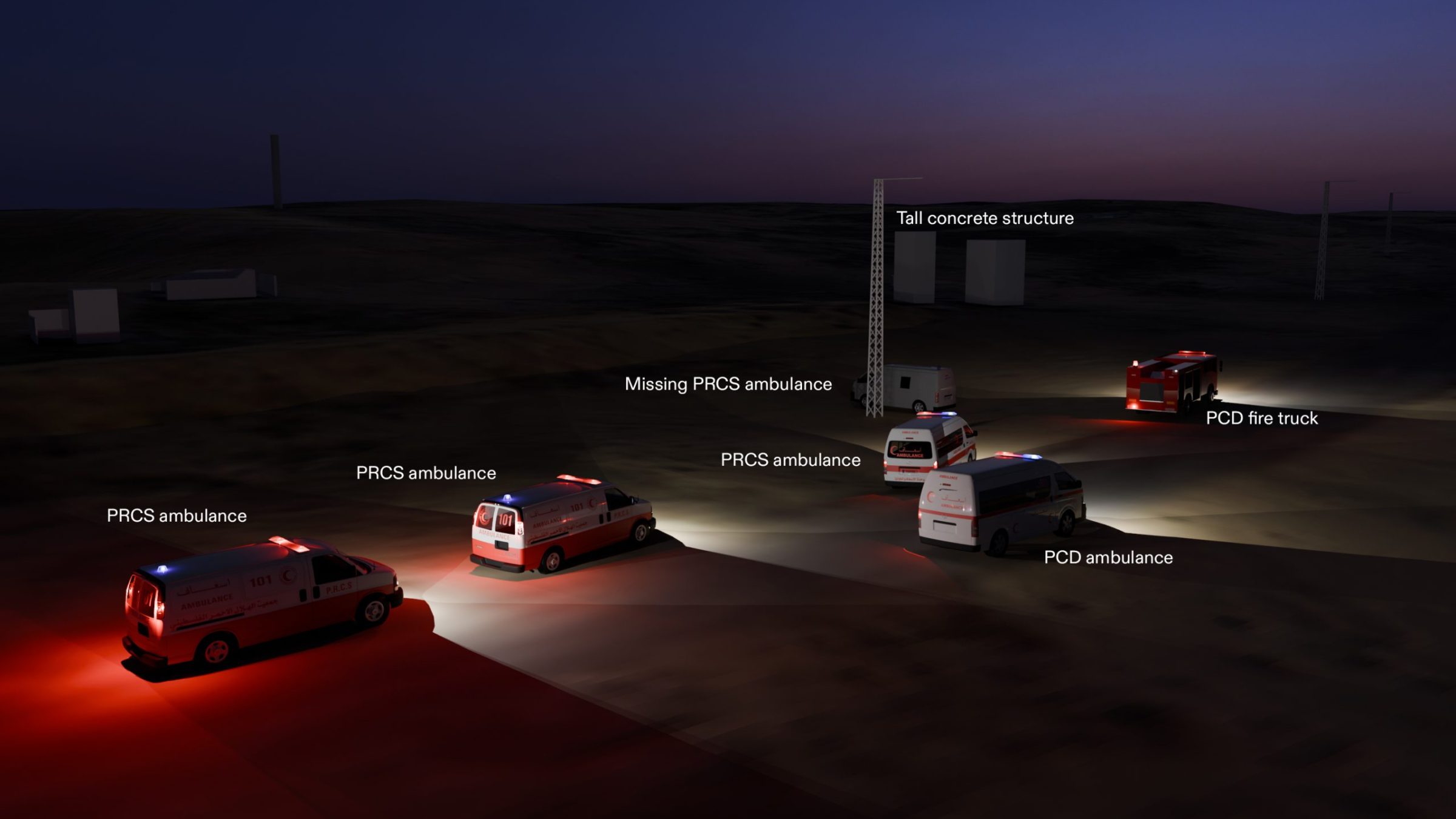 The Rescue Convoy - 3D visualisation of the position of each vehicle as the shooting began. (Forensic Architecture, 2026)