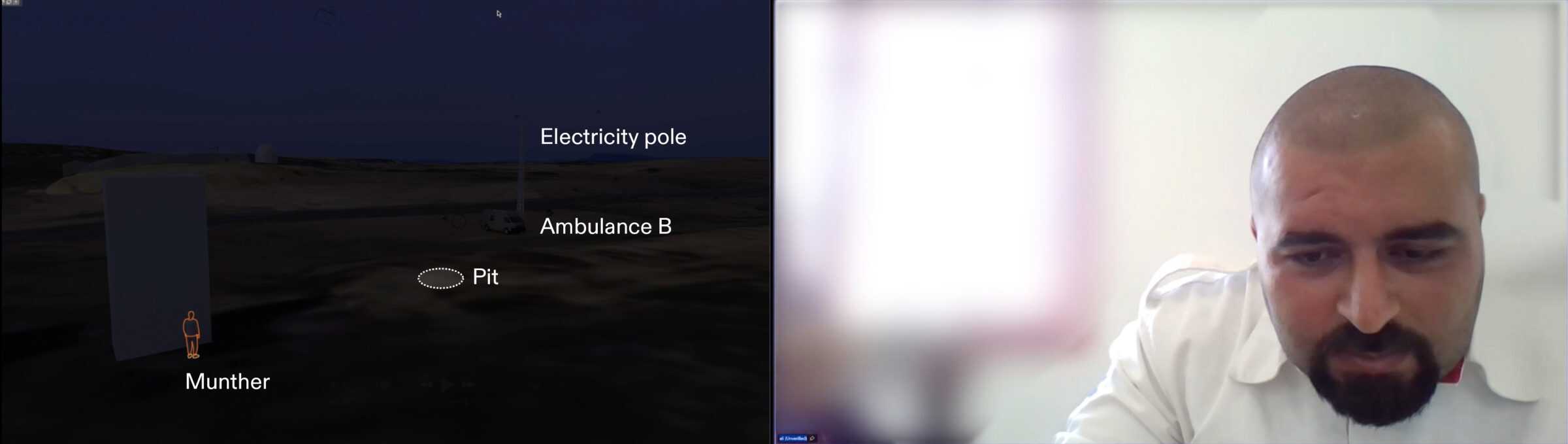 The Situated Testimony of Munther Abed - Still from the situated testimony of Munther Abed, recounting the location of the pit and the tall buildings where he was taken when arrested. (Forensic Architecture, 2026)