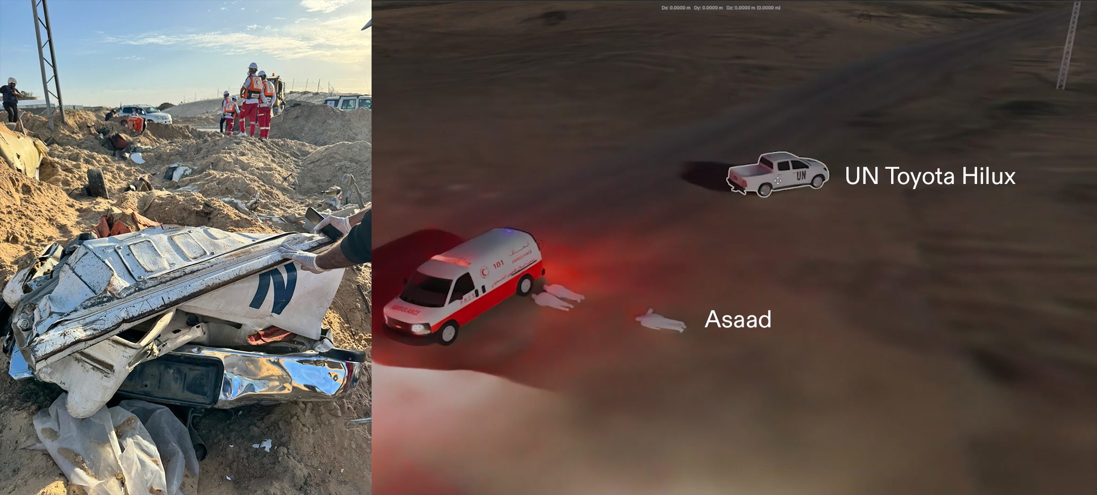 UN vehicle - Left: Photograph of the UN Toyota Hilux taken on the 30 March 2025, when the bodies of the victims were recovered. (OCHA, 2025) Right: Position of the UN vehicle as described by Asaad. (Forensic Architecture, 2026)