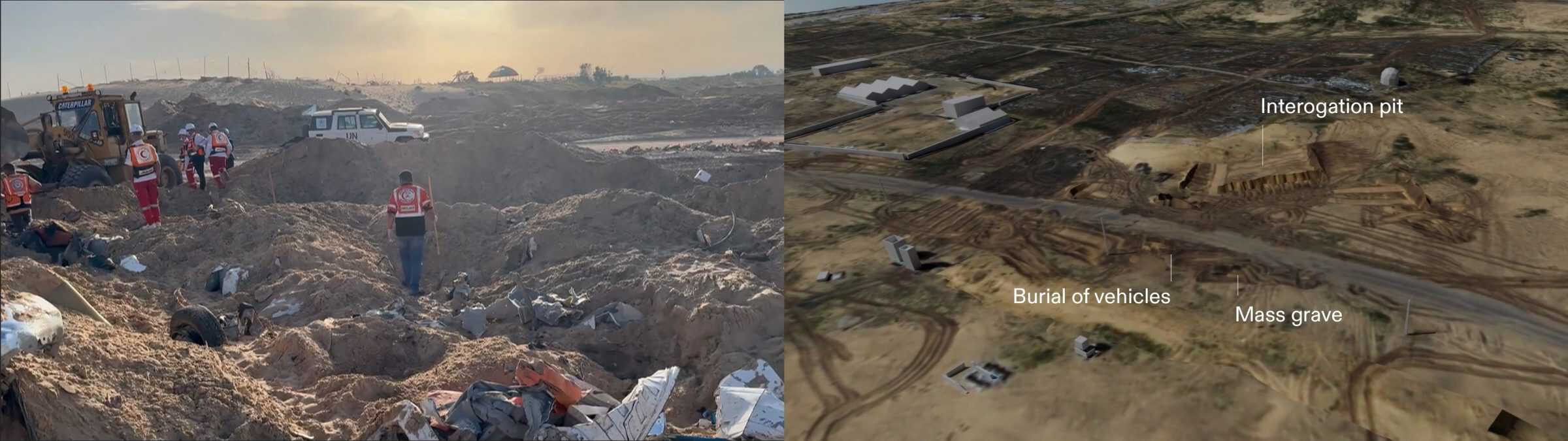 The Recovery - Left: Still from a video documenting the recovery of bodies on 30 March 2025. (OCHA, 2025) Right: Still from the 3D model showing the location of the mass grave, the burial of emergency vehicles, and the interrogation pit. (Forensic Architecture, 2026)
