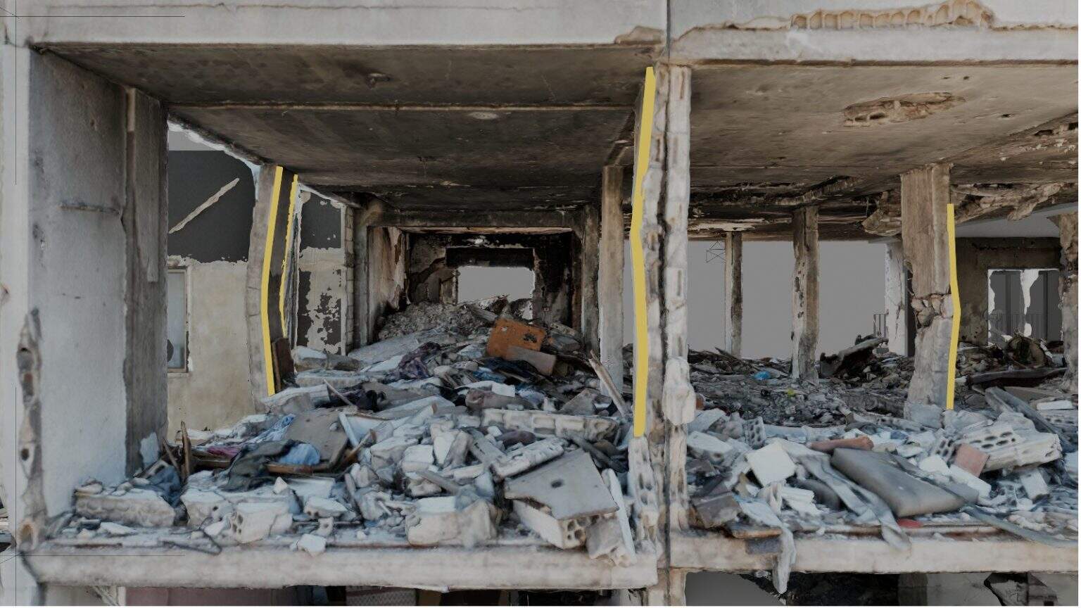 Apartment model – structural damage - FA’s digital model reveals the structural impact of the blast, including on the yellow-highlighted columns.