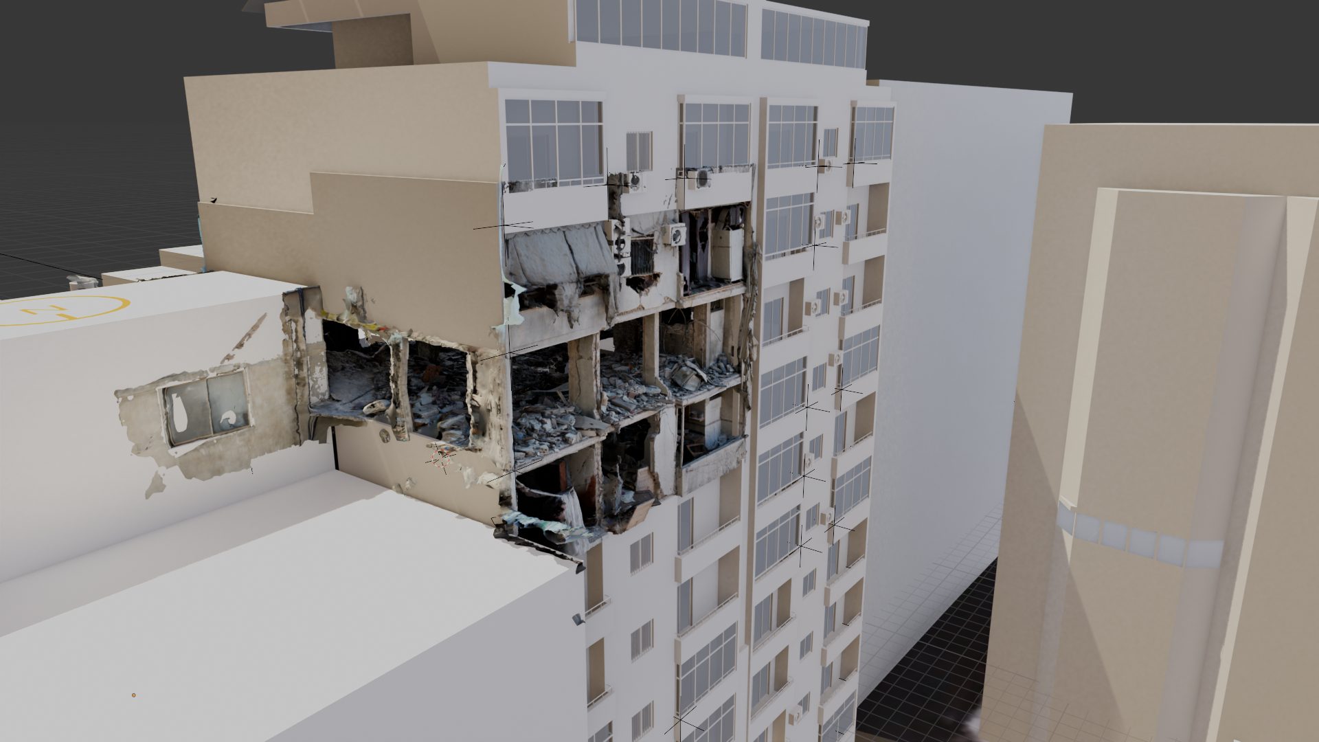 North and east façade of the Cherri building - North and east façade of the Cherri building after the attack, in FA’s digital model.
