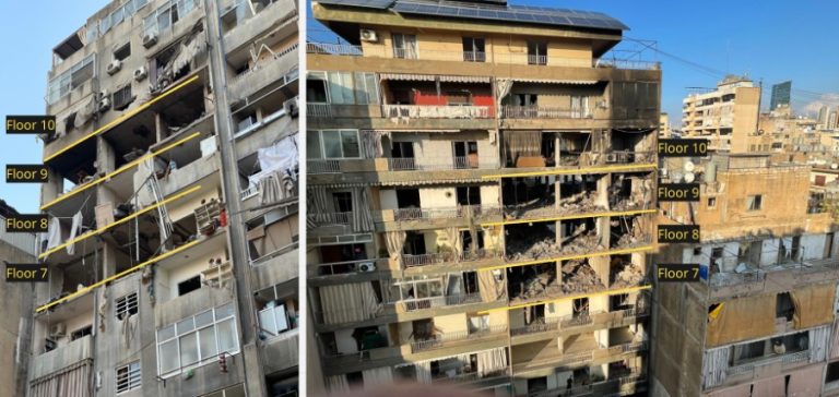 Annotated exterior shots - Documentation from a week after the incident on 5 Dec 2024. Left: Damage to the rear side of the Cherri building. Right: Fire damage sustained to front side of the Cherri building.
